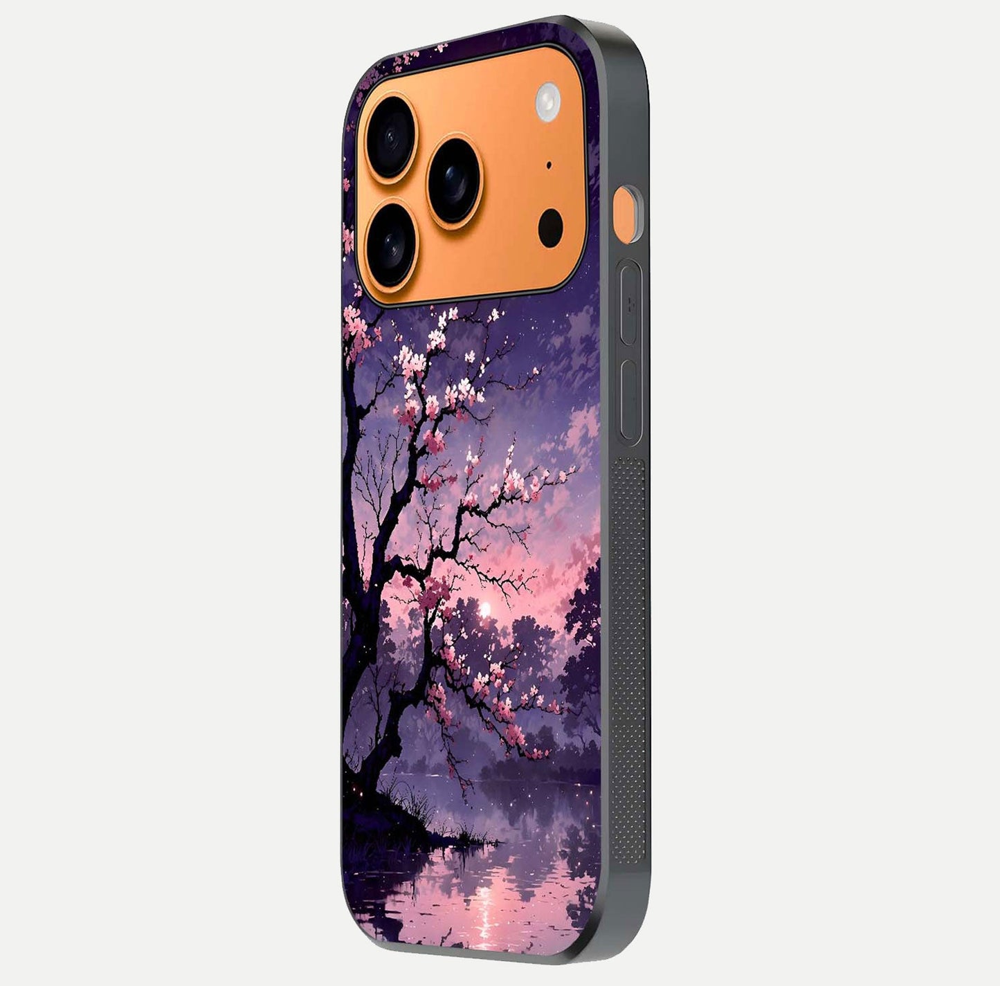 Blossom Pink Moon Glass Case for iPhone 17 Pro Max side-angle image showing glossy curve and floral-moon balance