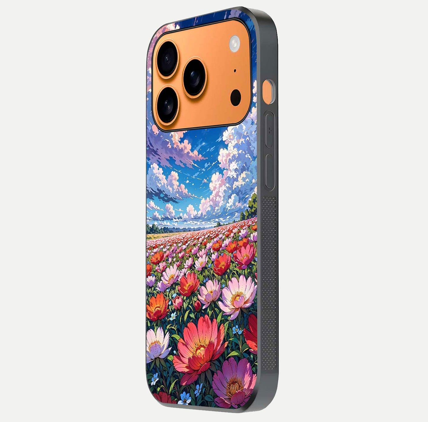 Blossom Sky Field Glass Case for iPhone 17 Pro Max side-angle showing sky hues, blossom texture, and reflective shine