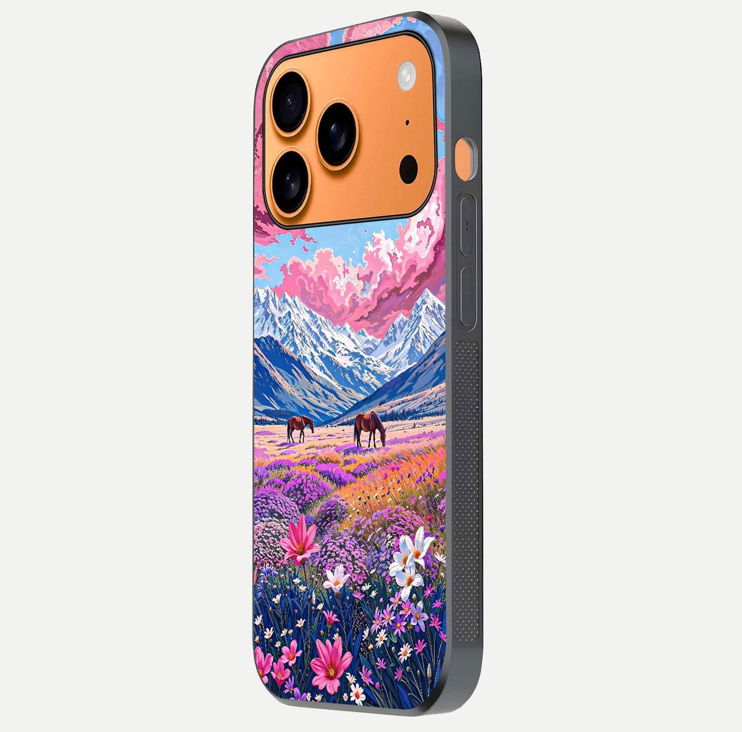 Blossom Valley Dream Glass Case for iPhone 17 Pro Max side-angle shot showcasing bloom tones and gloss texture