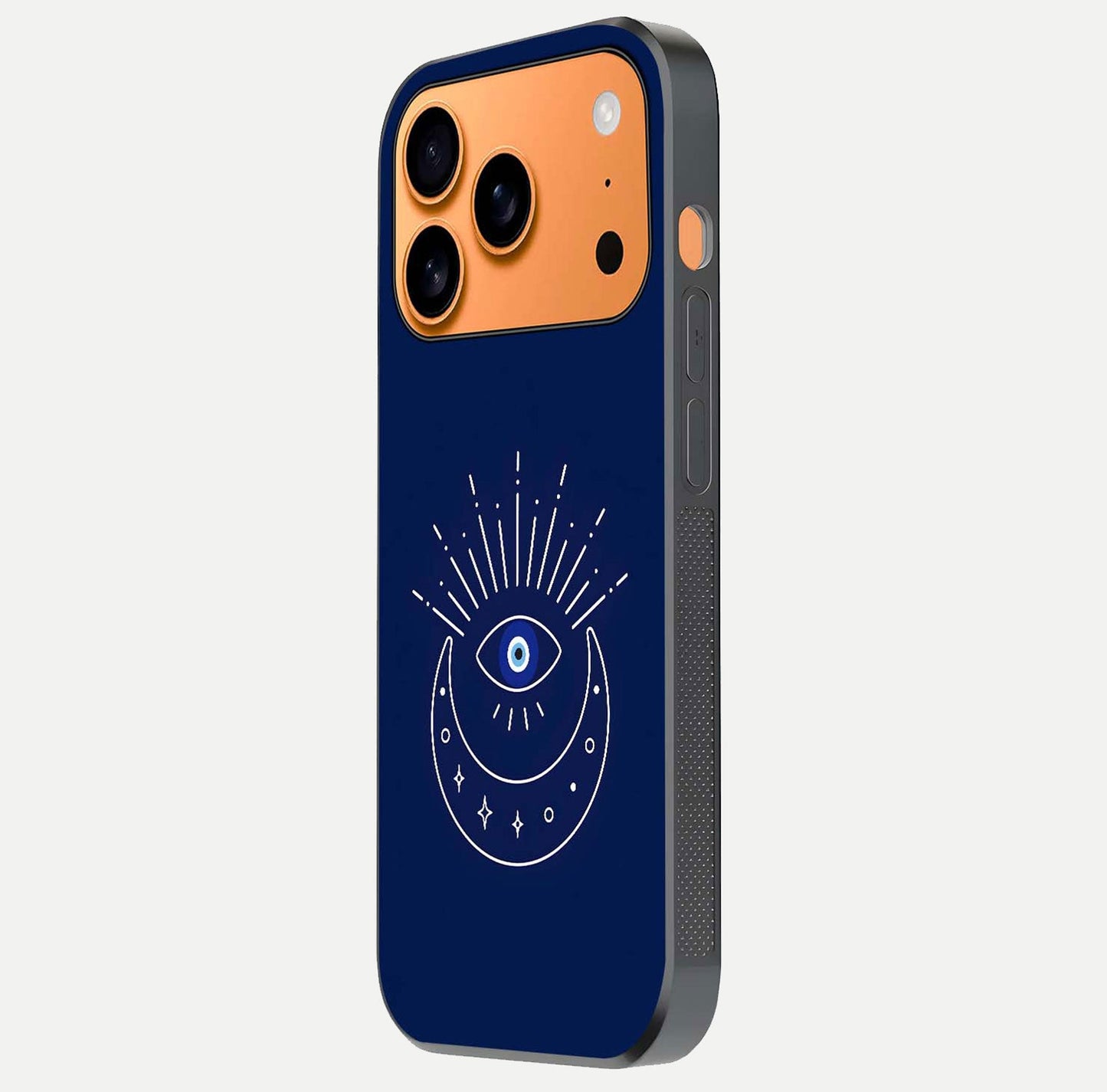 Blue Evil Eye Glass Case for iPhone 17 Pro Max side-angle view showing edge glow, color balance, and reflective surface