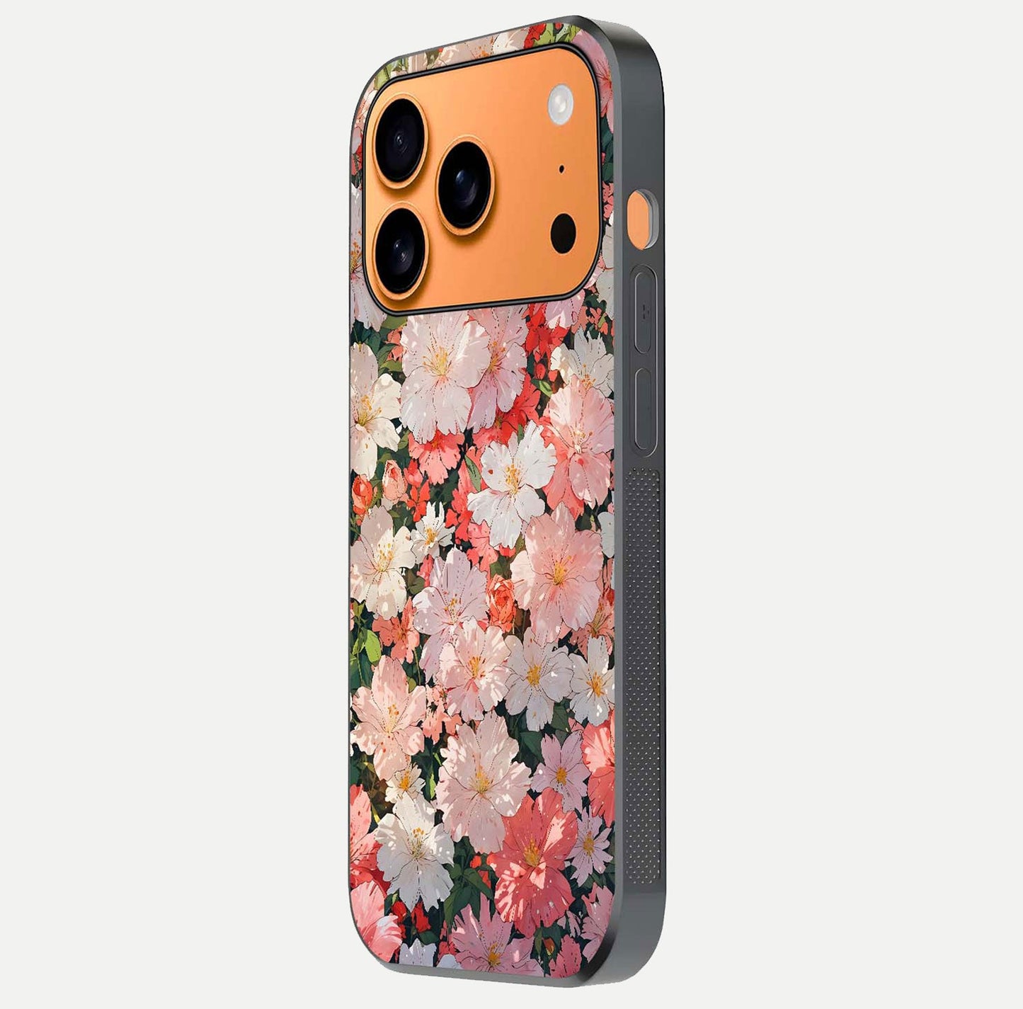 Blush Bloom Field Glass Case for iPhone 17 Pro Max side-angle image showing petal pattern gloss and smooth edges