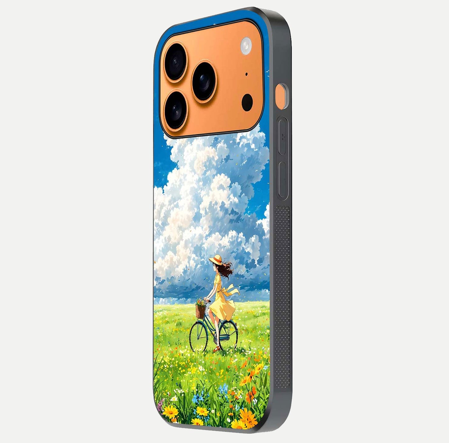 Breezy Meadow Ride Glass Case for iPhone 17 Pro Max side-angle image showing floral details and edge glow