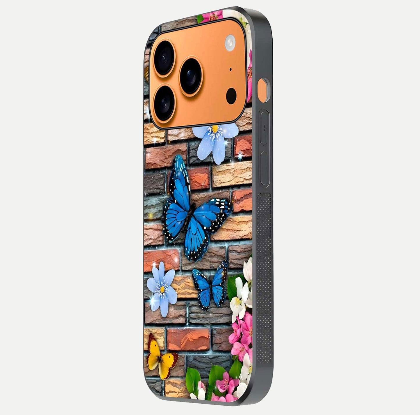 Brick Bloom Flight Glass Case for iPhone 17 Pro Max side-angle photo showing curve shine and detailed petal contrast