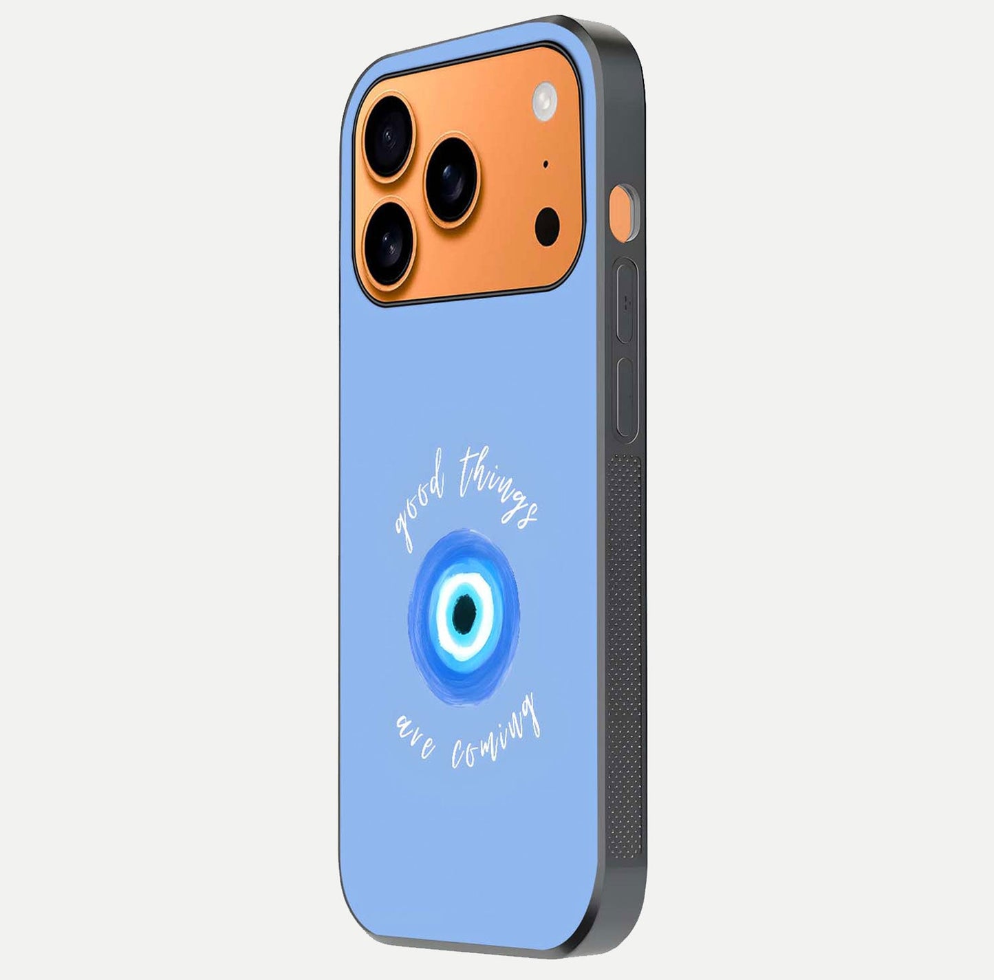 Bright Future Ahead Glass Case for iPhone 17 Pro Max side-angle image displaying edge smoothness and reflective surface