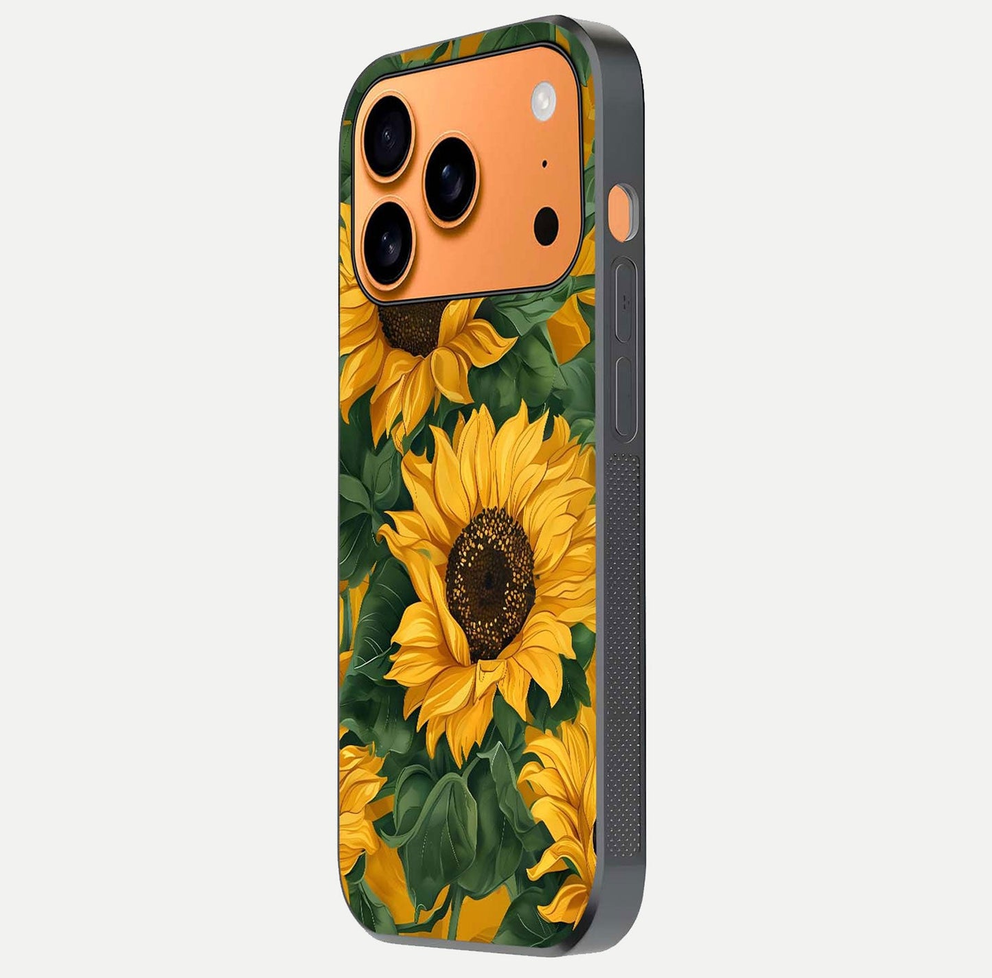 Bright Sunflower Bloom Glass Case for iPhone 17 Pro Max side-angle image showing shine texture and detailed bloom