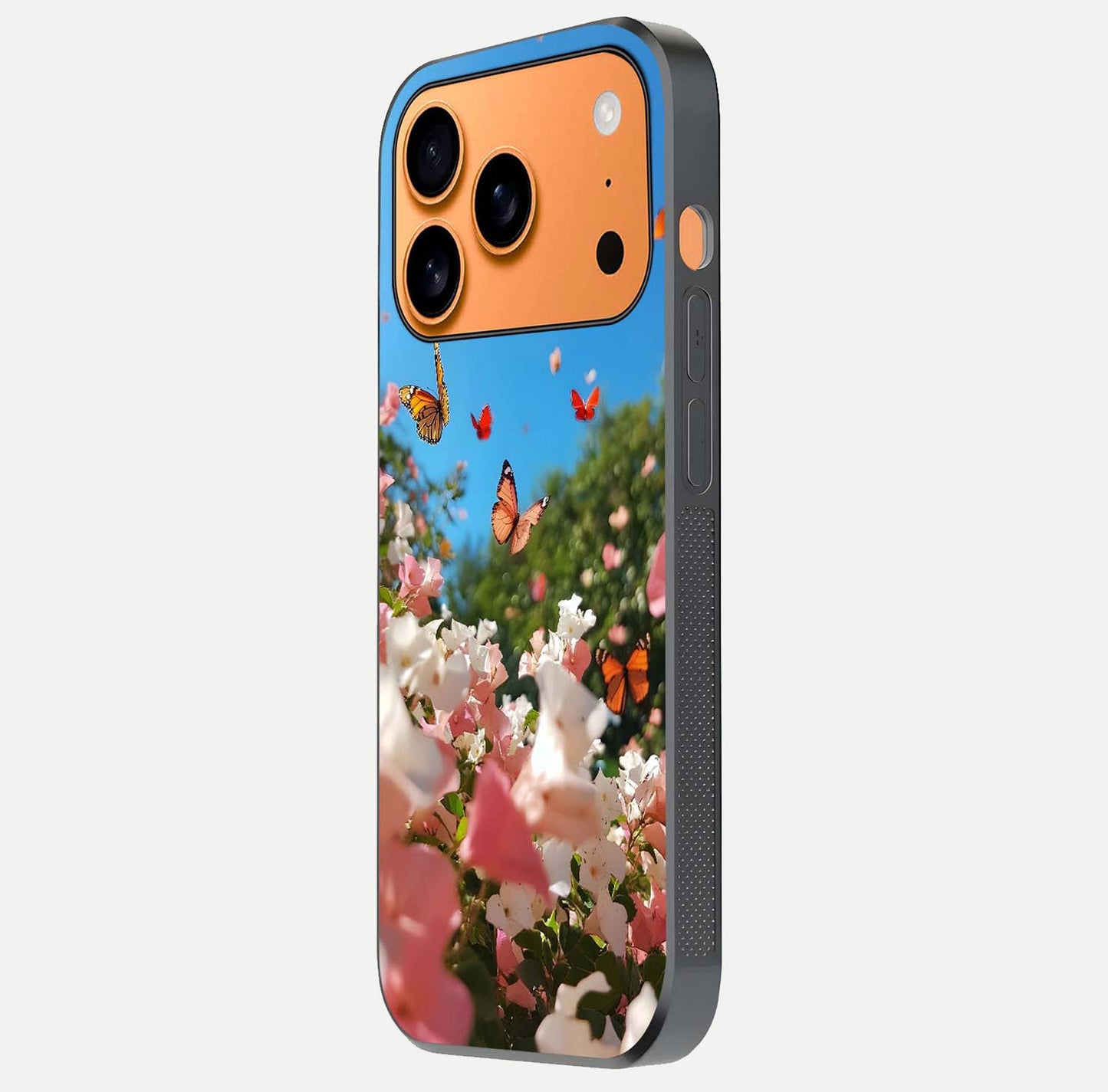 Butterflies in Bloom Sky Glass Case for iPhone 17 Pro Max side-angle image showing delicate details and gloss polish