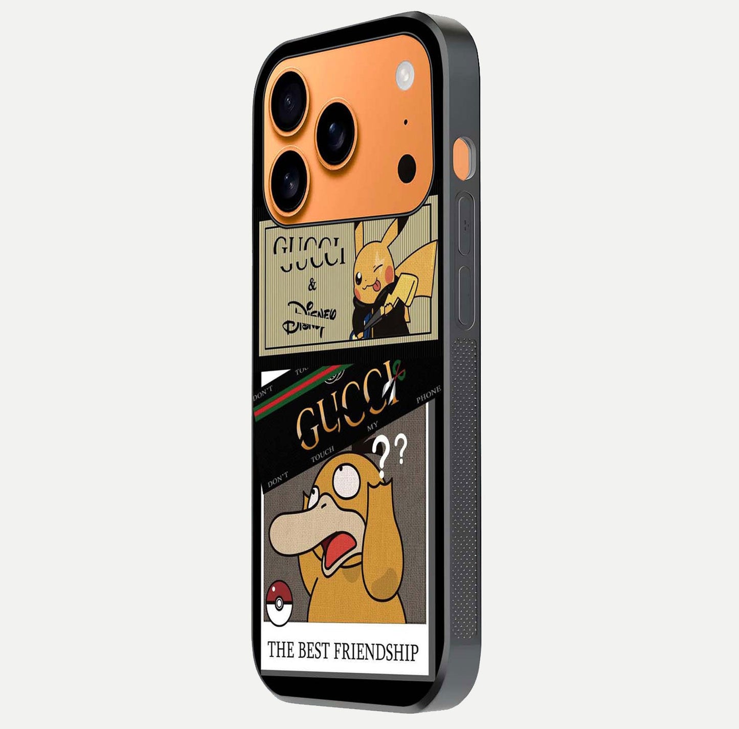 Cartoon Brand Play Mashup Glass Case for iPhone 17 Pro Max side-angle image showing reflection brightness and fun graphic mix