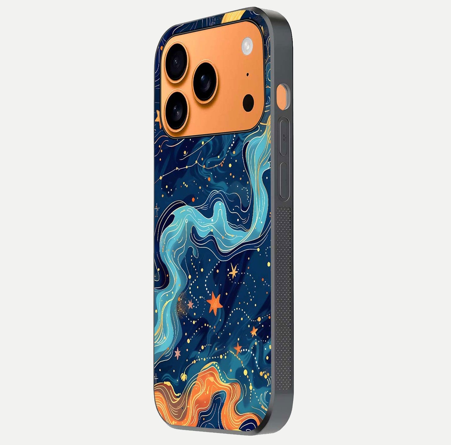 Celestial Dream Flow Glass Case for iPhone 17 Pro Max side-angle image capturing color swirl and glass reflection