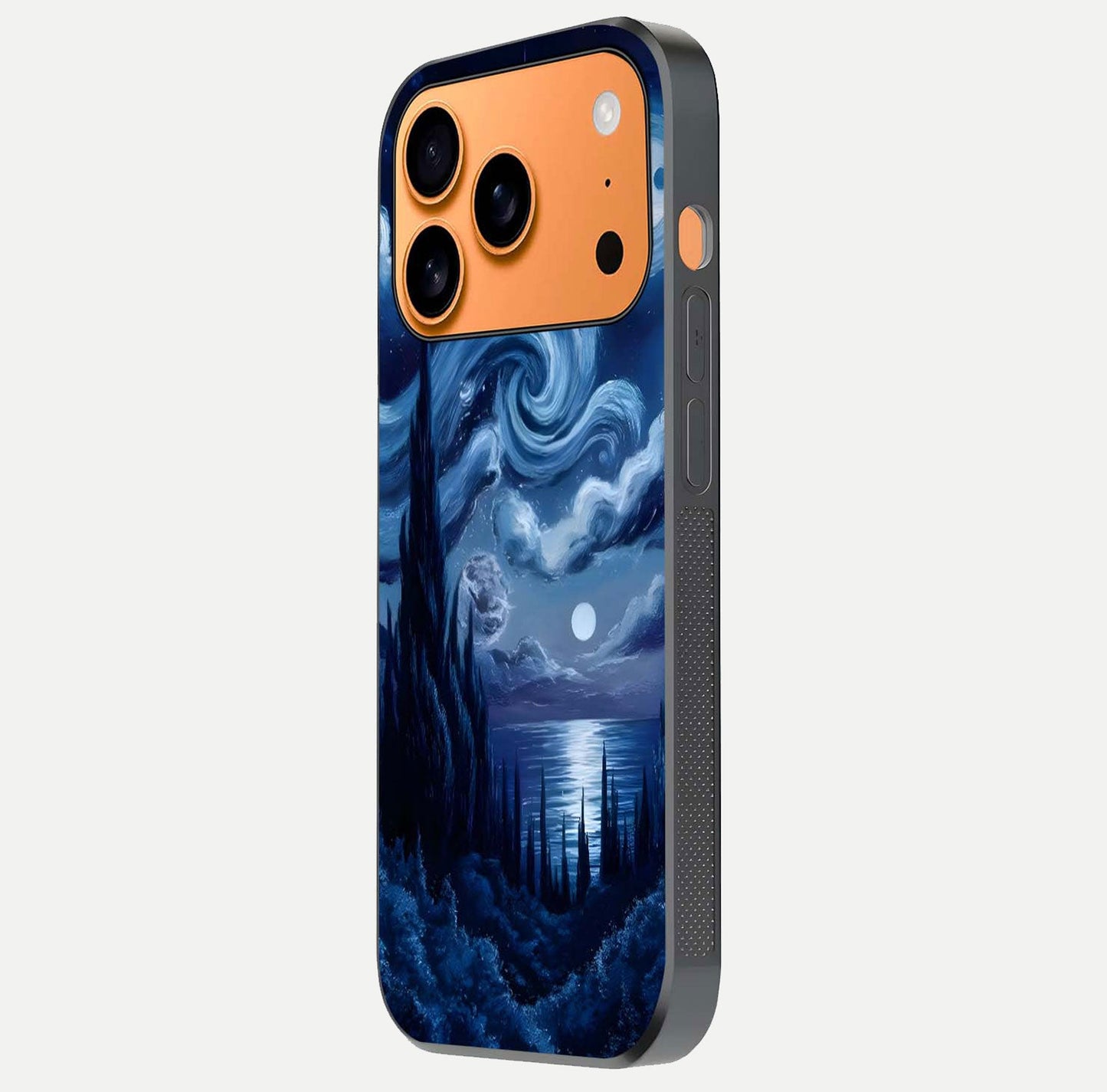 Celestial Dream Van Gogh Glass Case for iPhone 17 Pro Max side-angle photo showing depth swirl design and curved reflection