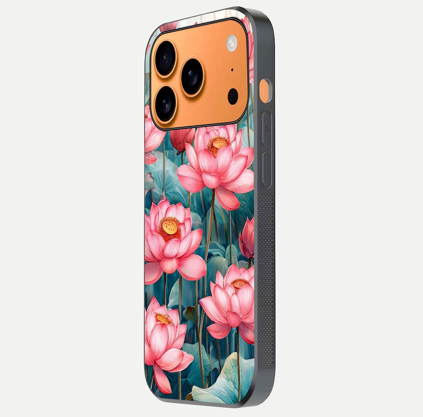 Celestial Pink Lotus Glass Case for iPhone 17 Pro Max side-angle image showing reflective shine and petal curve