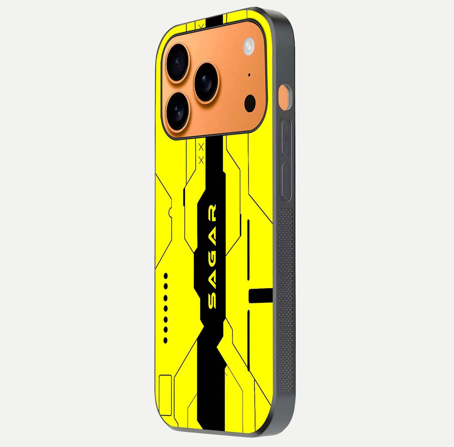 Circuit CYBERPUNK Custom Name Glass Case for iPhone 17 Pro Max side-angle image showing reflective finish and design precision