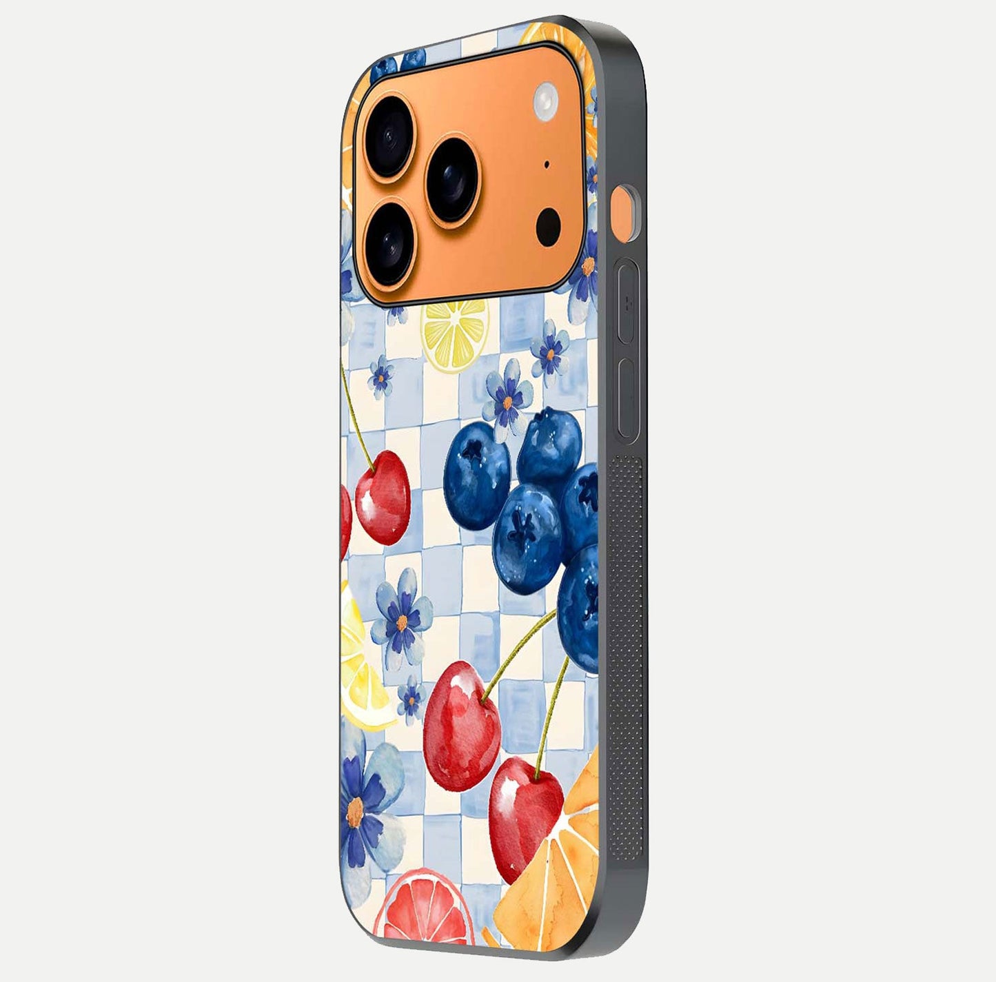 Citrus Bloom Joy Glass Case for iPhone 17 Pro Max side-angle photo capturing bright color and glass reflection