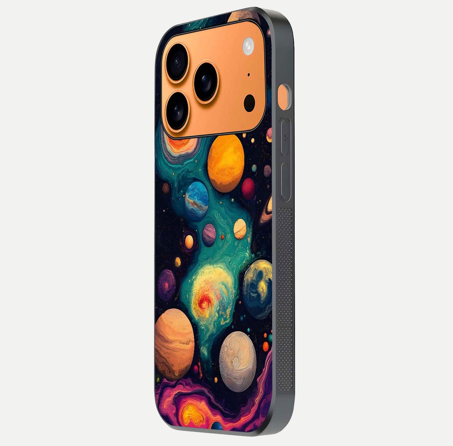 Cosmic Planet Journey Glass Case for iPhone 17 Pro Max side-angle image capturing smooth gloss and reflective edges
