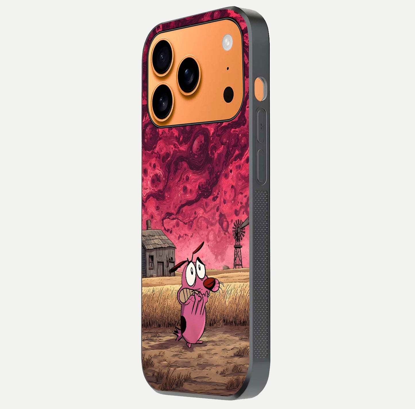Courage Under Sky Glass Case for iPhone 17 Pro Max side-angle photo showing gloss tone and curve highlight