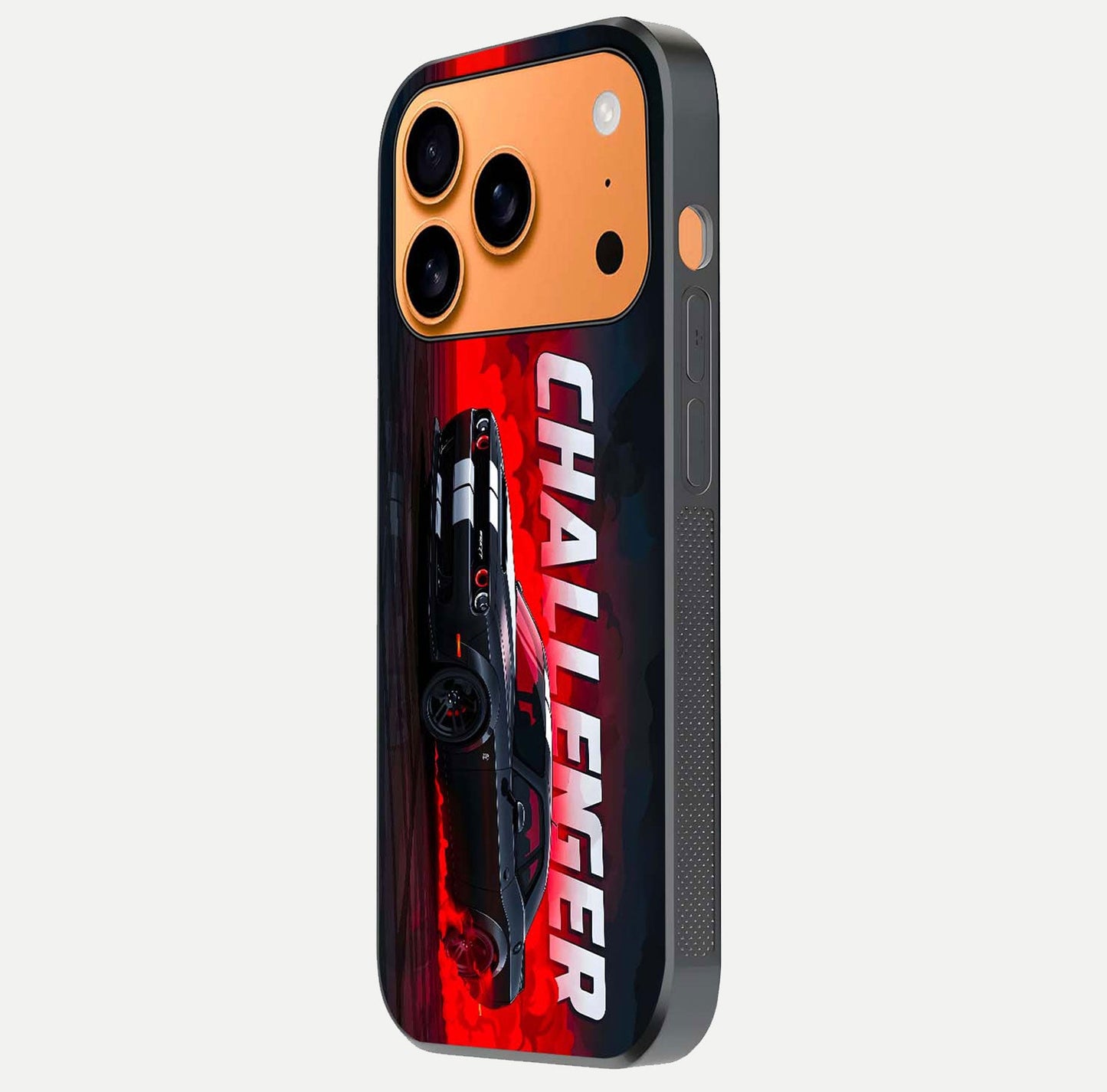 Crimson Challenger Fury Glass Case for iPhone 17 Pro Max side-angle image showing curve reflection and red finish