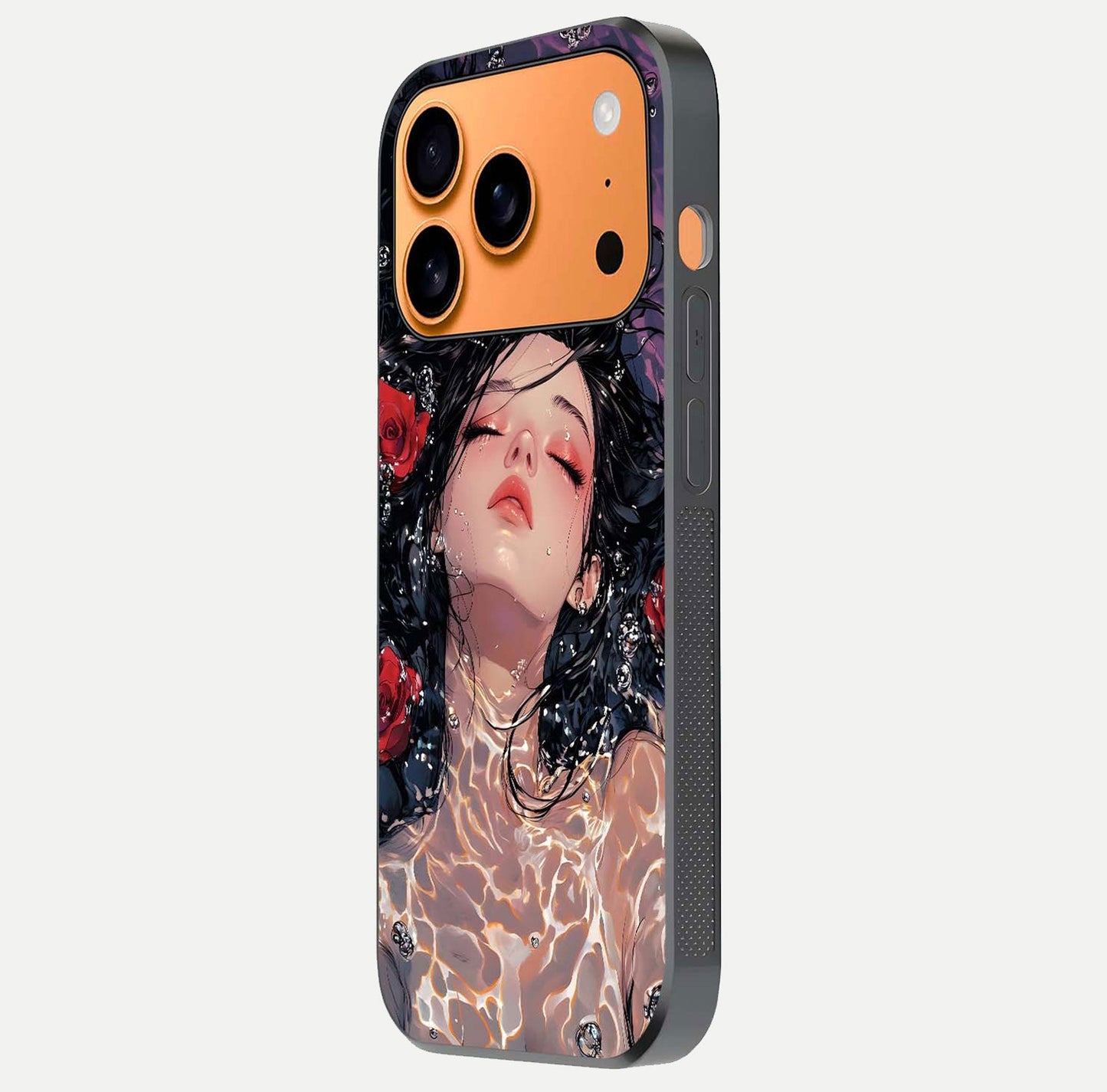 Crimson Rose Serenity Glass Case for iPhone 17 Pro Max side-angle photo showing glass reflection and soft edges