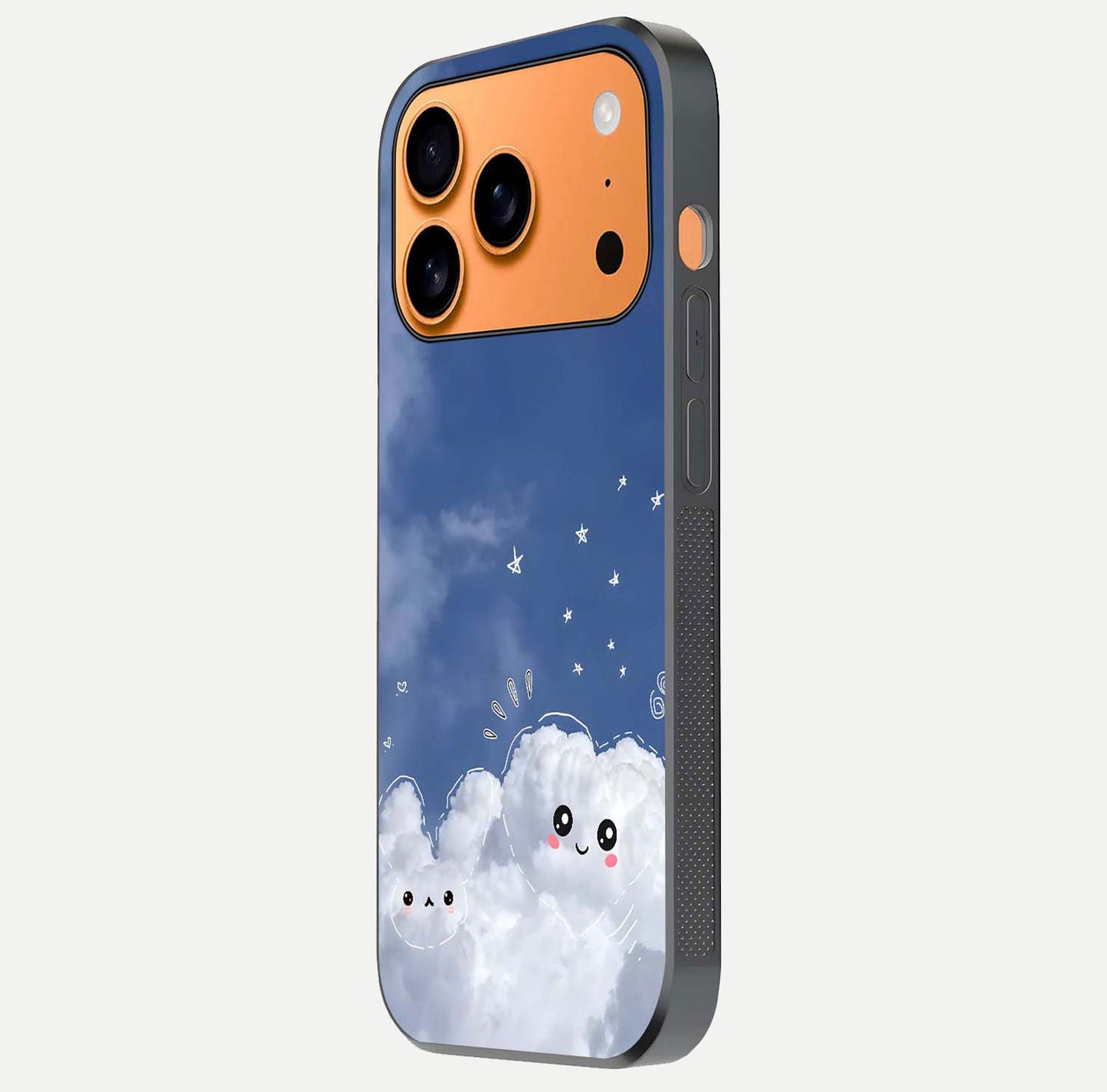 Cute Blossom Cloud Glass Case for iPhone 17 Pro Max side-angle image capturing gloss texture and curve reflection