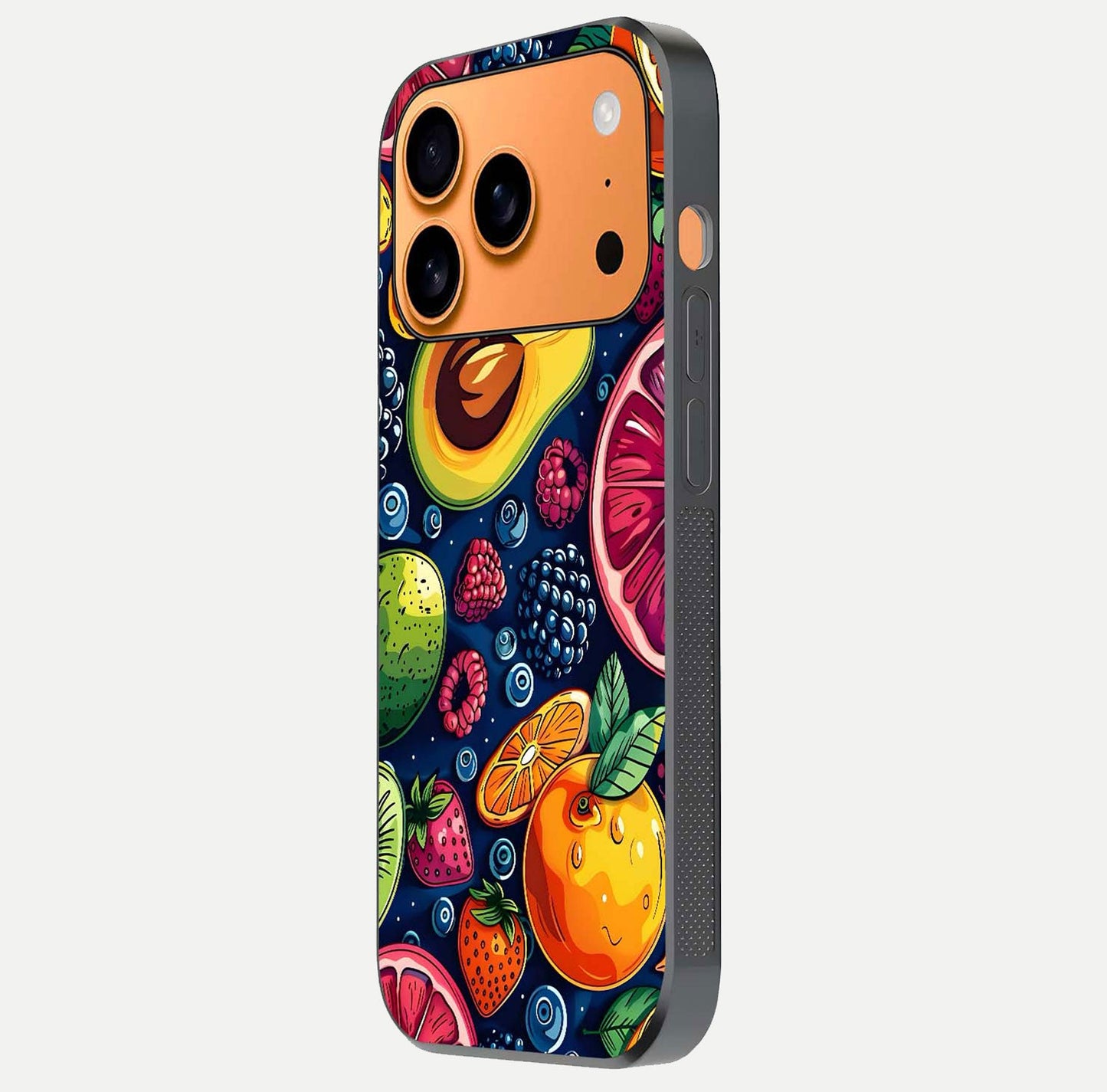 Cute Fruits Art Glass Case for iPhone 17 Pro Max side-angle photo showing reflective finish and smooth edges
