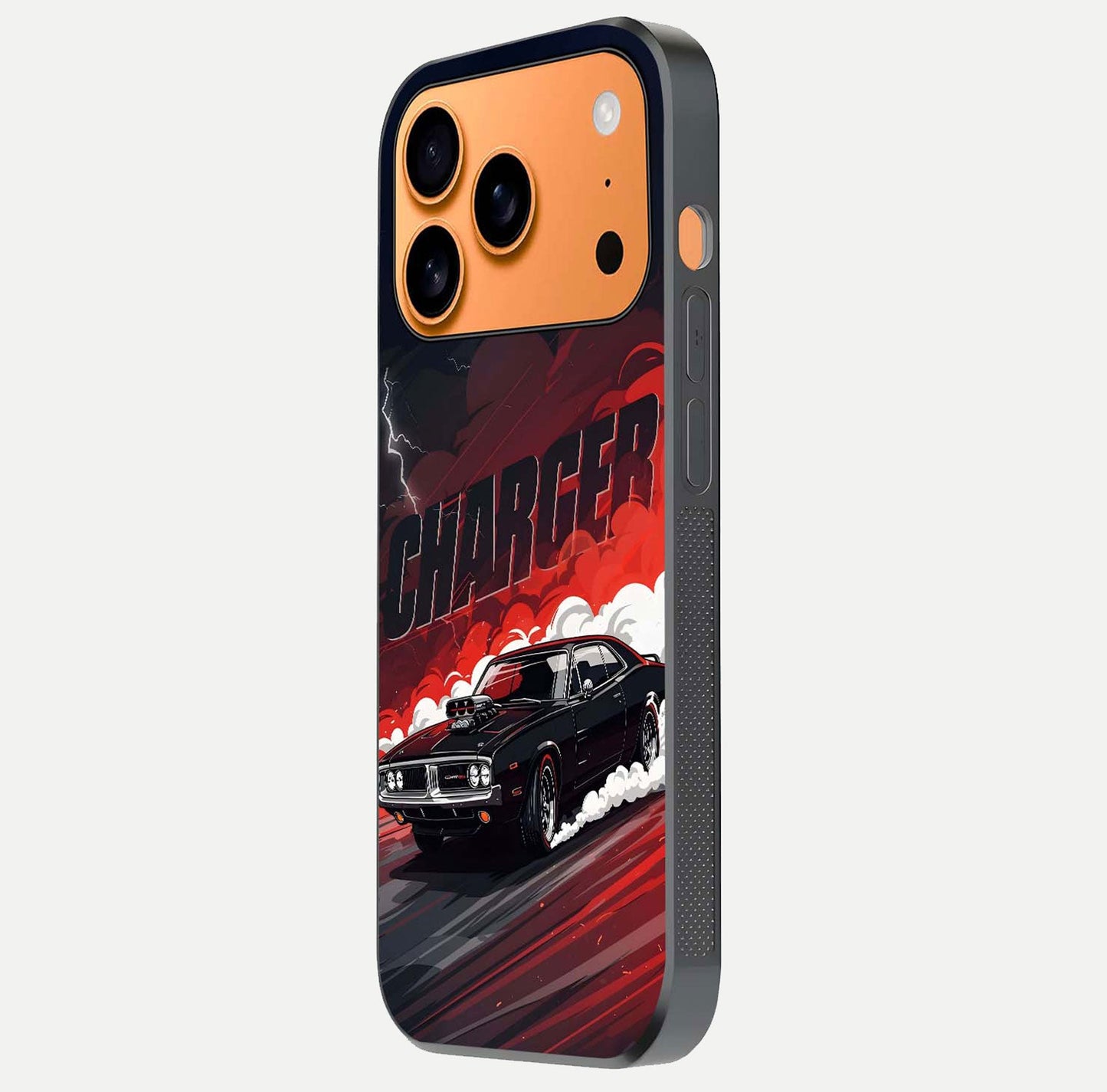 Dark Charger Fury Glass Case for iPhone 17 Pro Max side-angle image showing edge gloss and bold tone