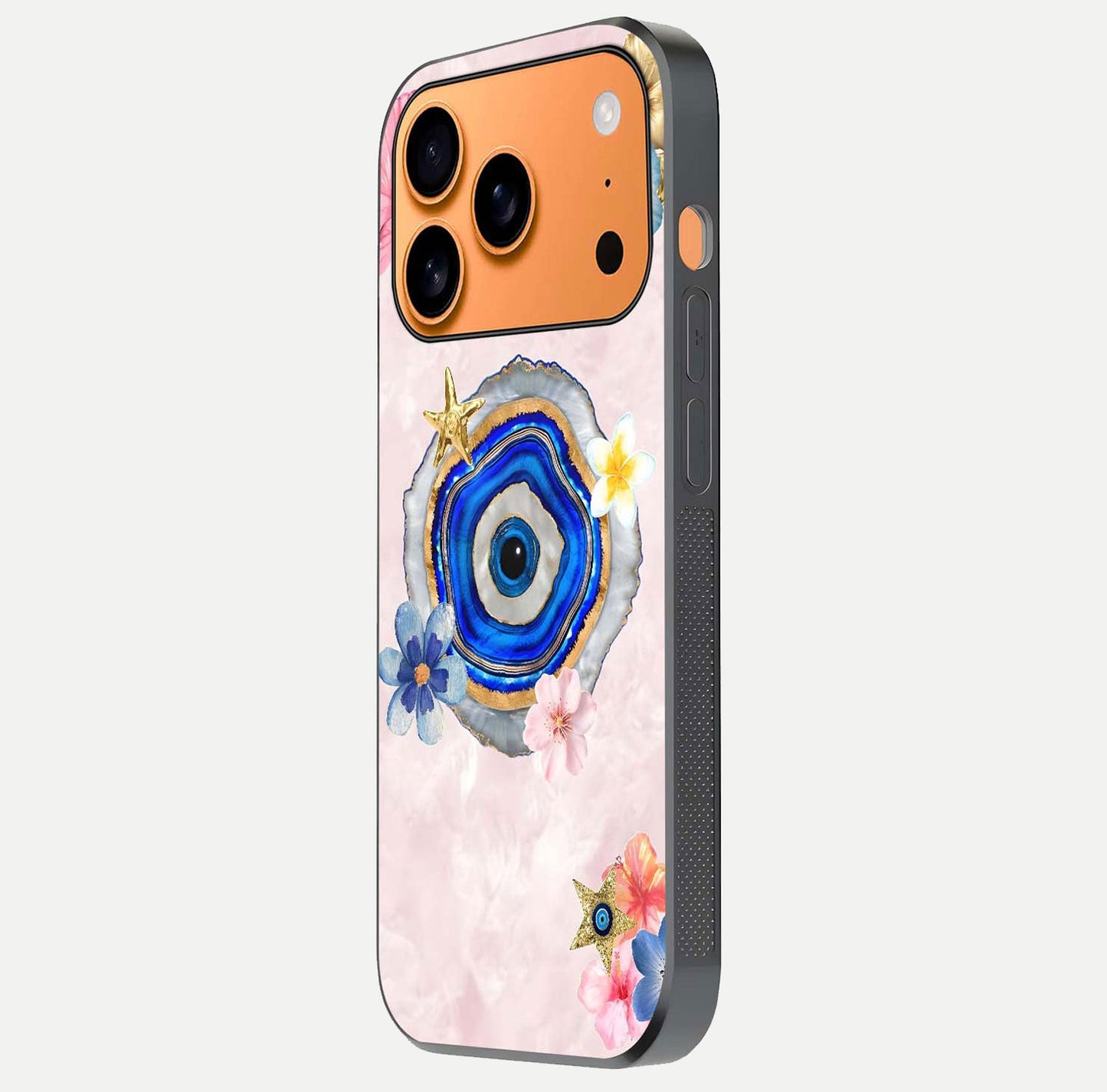 Divine Aura Bloom Glass Case for iPhone 17 Pro Max side-angle photo capturing reflection glow and premium polish