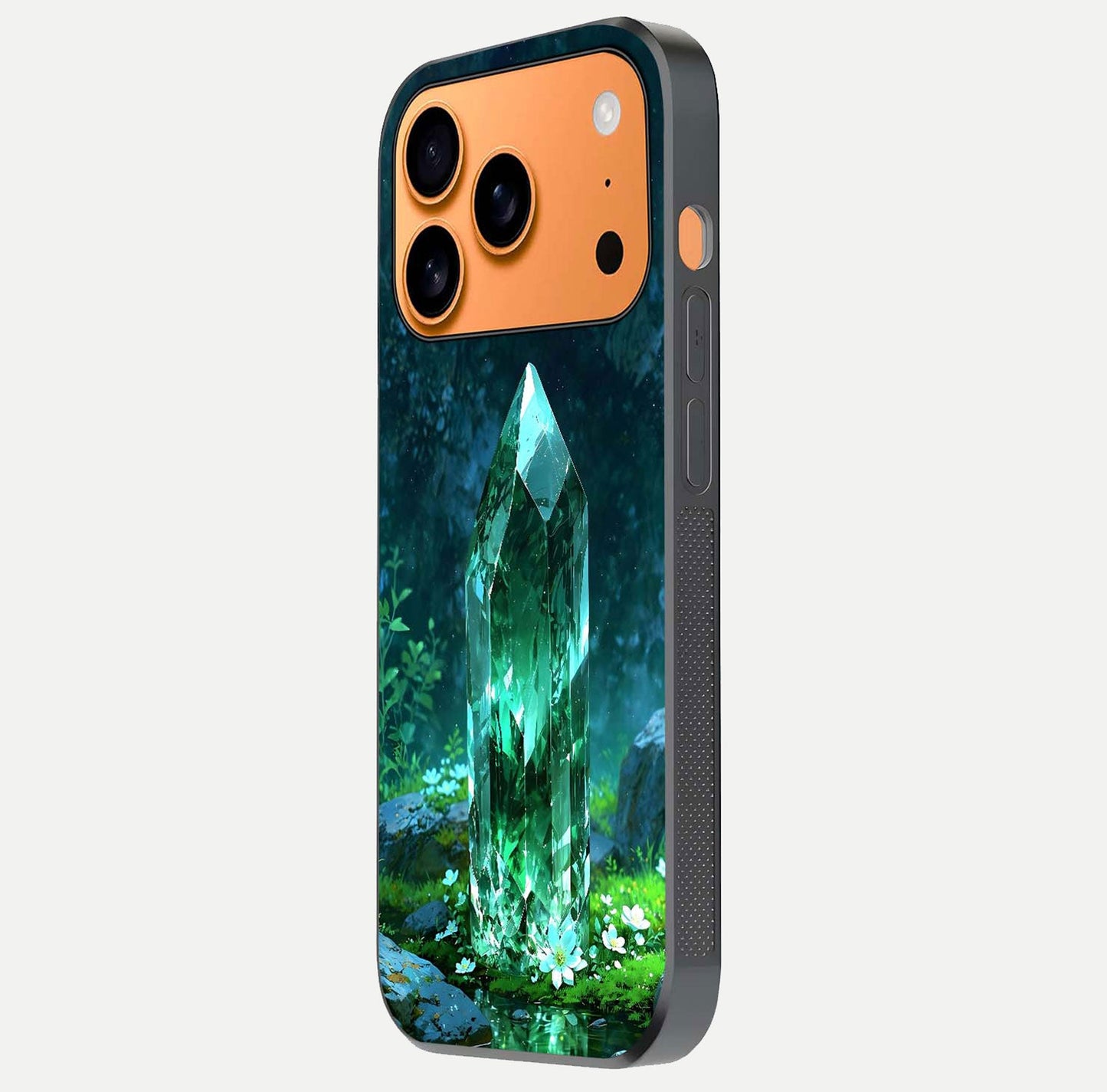 Emerald Light Crystal Glass Case for iPhone 17 Pro Max side-angle image showing gloss reflection and curved border