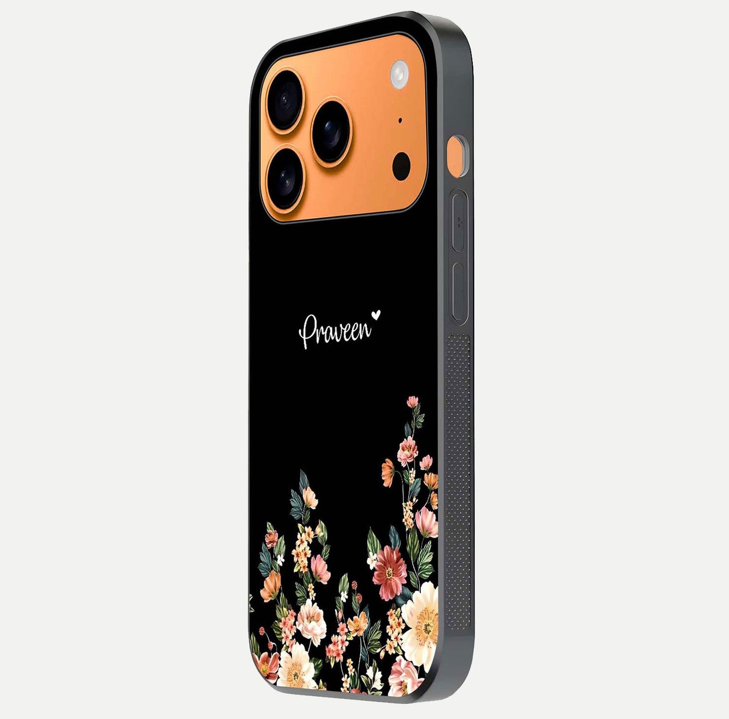 Floral Design Personalized Custom Name Glass Case for iPhone 17 Pro Max side-angle image showing name alignment and gloss shine