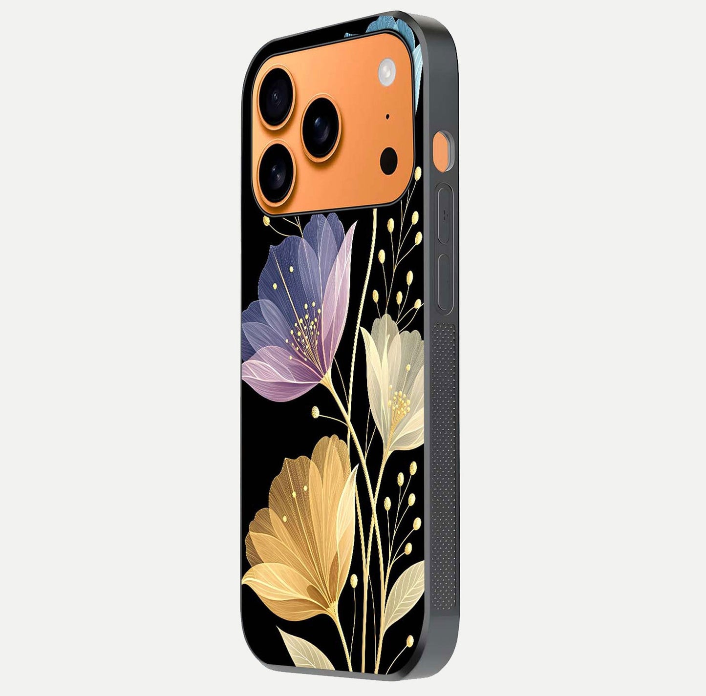Flower Bloom Glow Glass Case for iPhone 17 Pro Max side-angle image capturing gloss reflection and flower glow