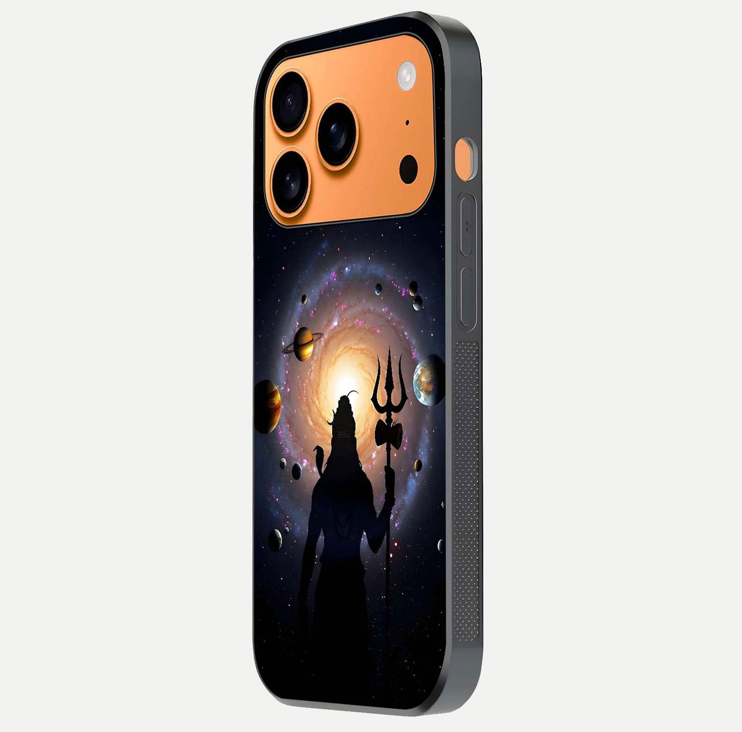 Galactic Shiva Vision Glass Case for iPhone 17 Pro Max side-angle image showing light reflection, glass edges, and spiritual cosmic theme