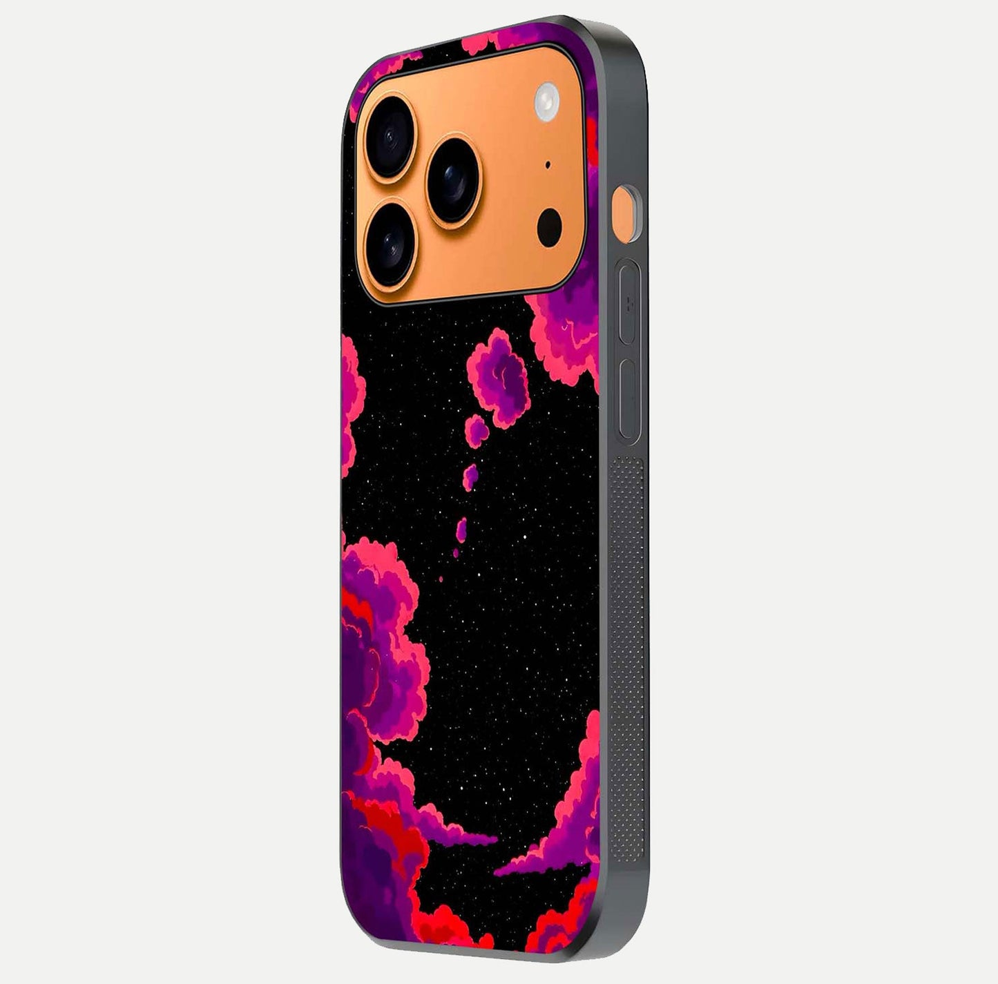 Galaxy Dream Frame Glass Case for iPhone 17 Pro Max side-angle image showing reflection light and premium finish