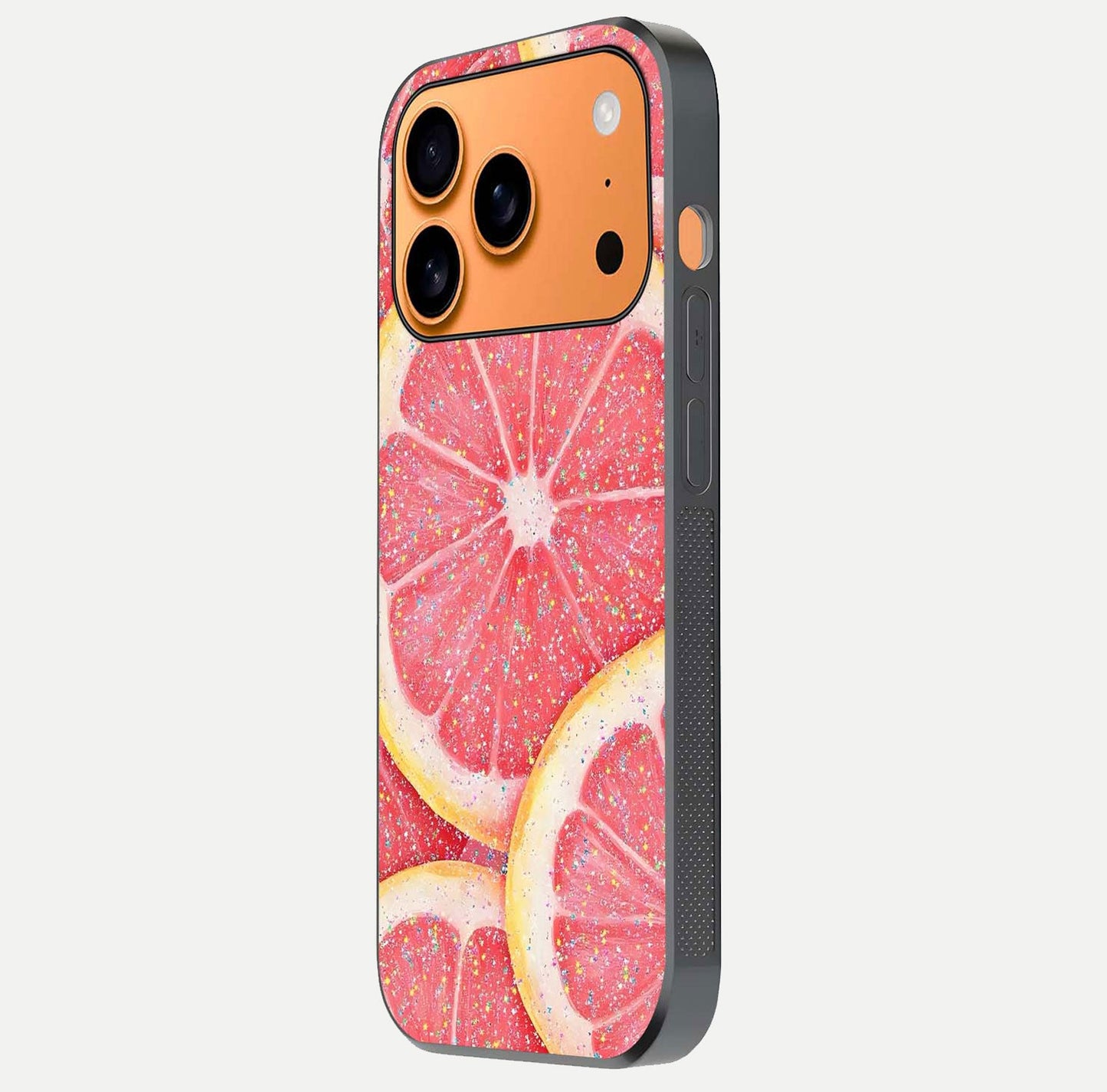 Glitter Grapefruit Glass Case for iPhone 17 Pro Max side-angle image showing reflection glow and polished edges