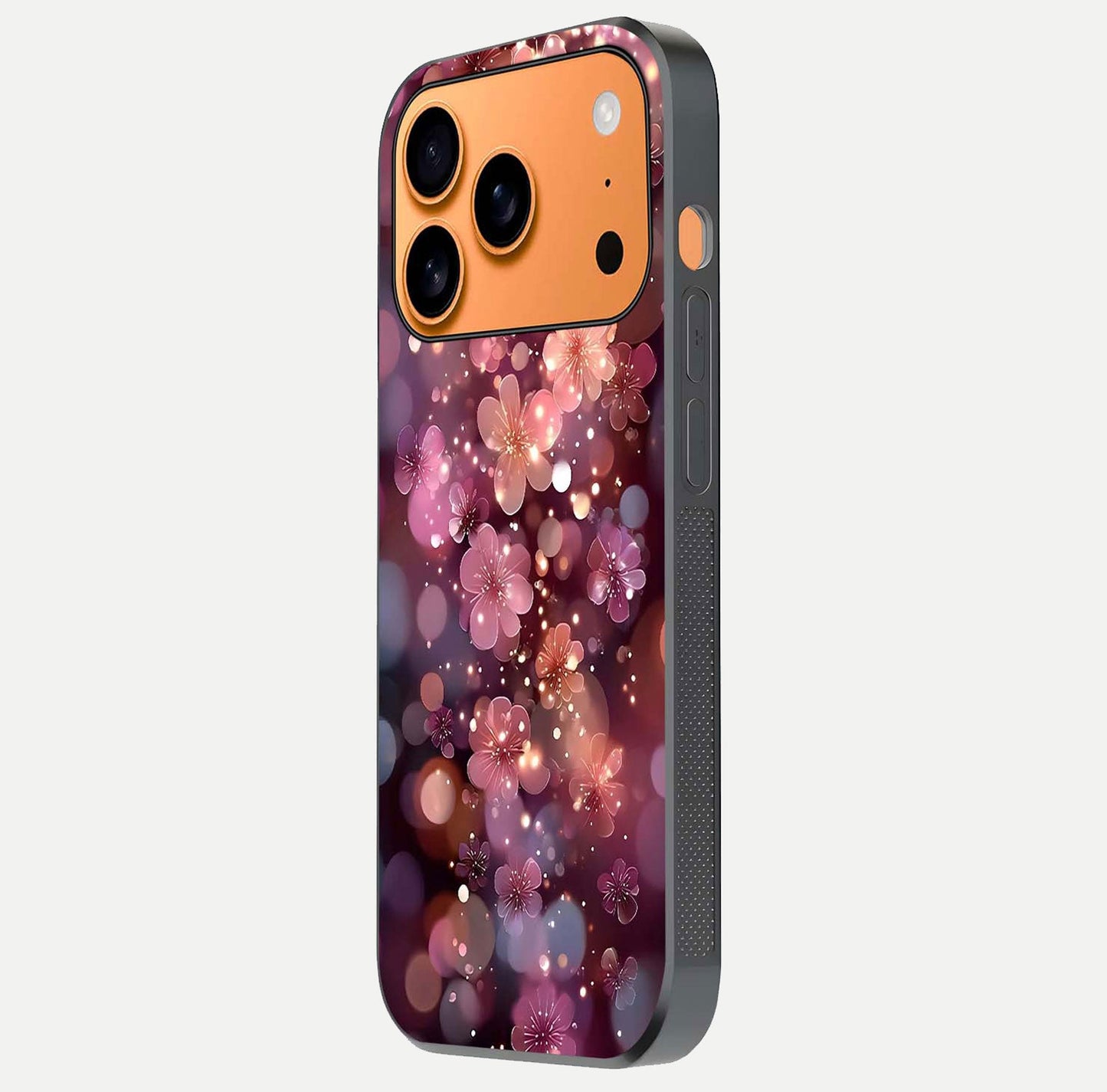 Glowing Petal Bliss Glass Case for iPhone 17 Pro Max side-angle image showing light reflection and soft floral texture