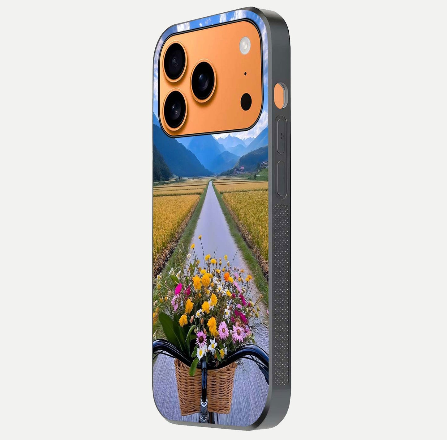 Golden Field Journey Glass Case for iPhone 17 Pro Max side-angle image showing golden glow, reflection shine, and curved edge
