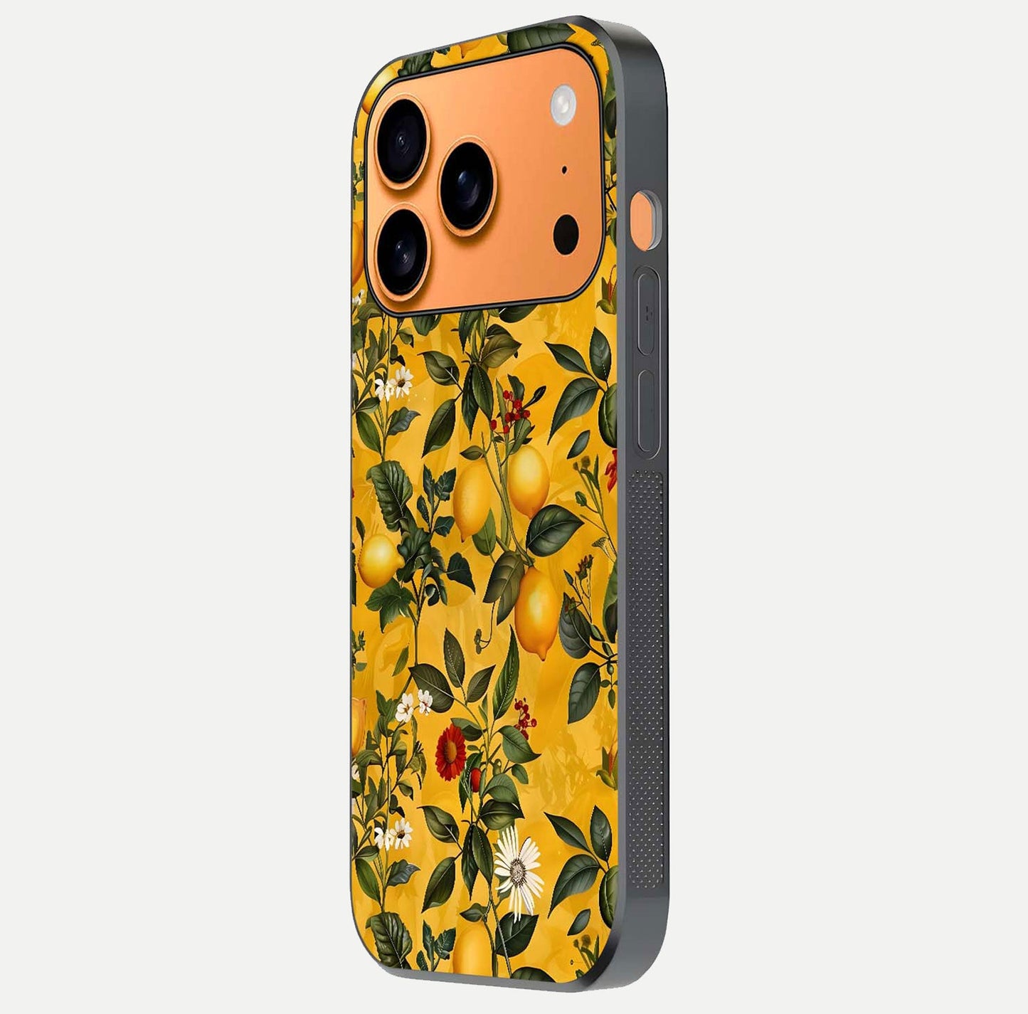 Golden Lemon Field Glass Case for iPhone 17 Pro Max side-angle image showing reflection clarity and juicy color tone