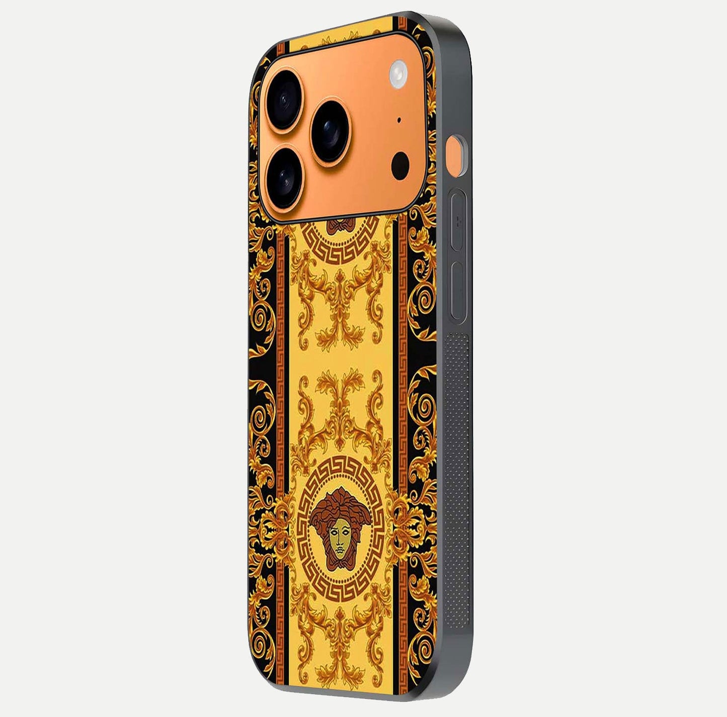 Golden Royal Heritage Glass Case for iPhone 17 Pro Max side-angle image showing reflection glow and luxury detailing
