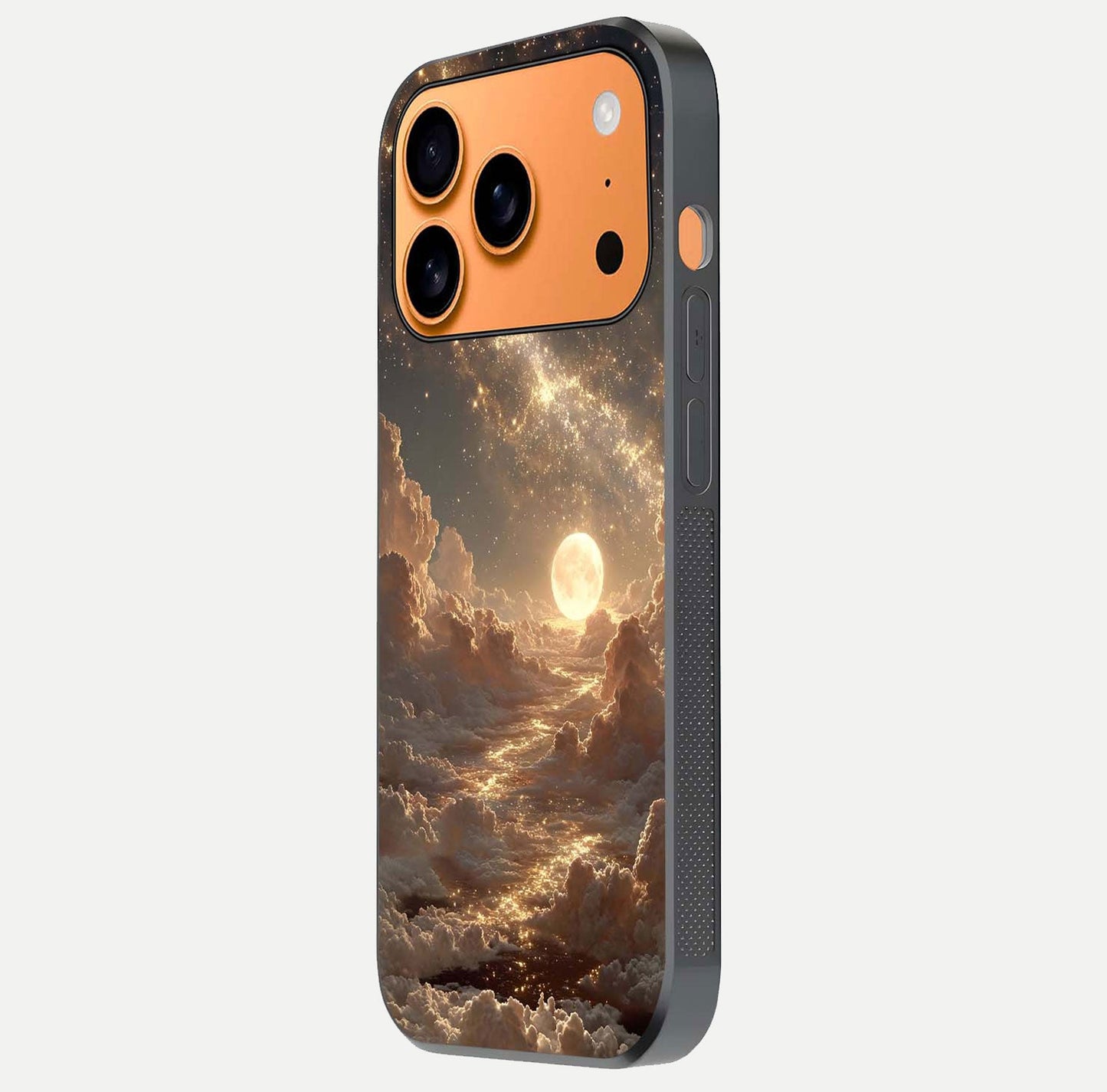Golden Sky Dream Glass Case for iPhone 17 Pro Max side-angle image showing reflection shine and smooth surface