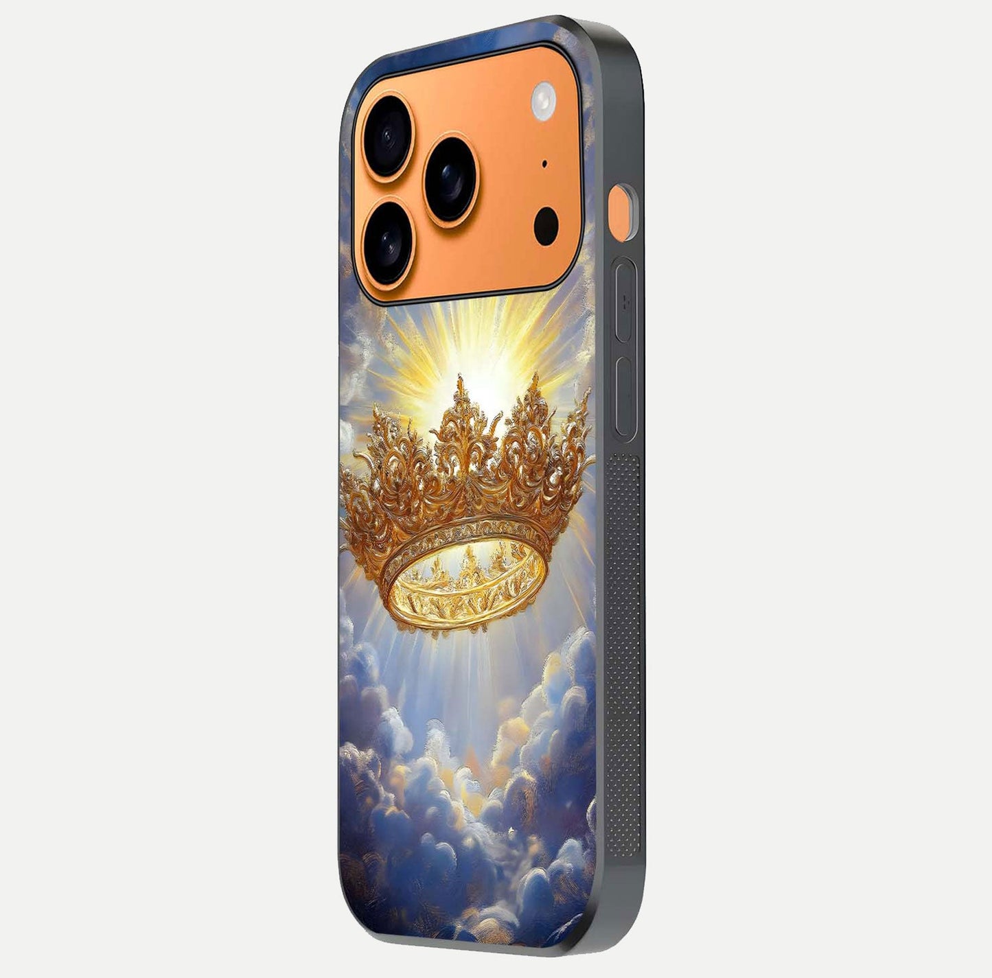 Heavenly Crown Light Glass Case for iPhone 17 Pro Max side-angle image showing reflection brilliance and elegant divine art