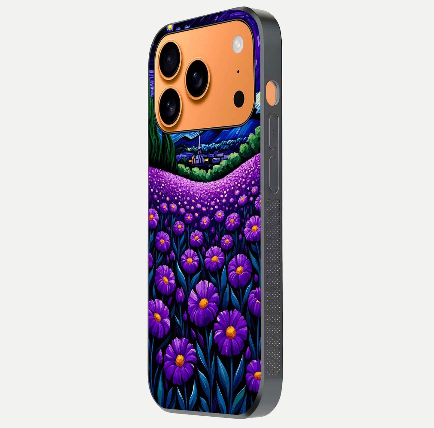 Lavender Moon Field Glass Case for iPhone 17 Pro Max side-angle image showing HD reflection and moonlit lavender art