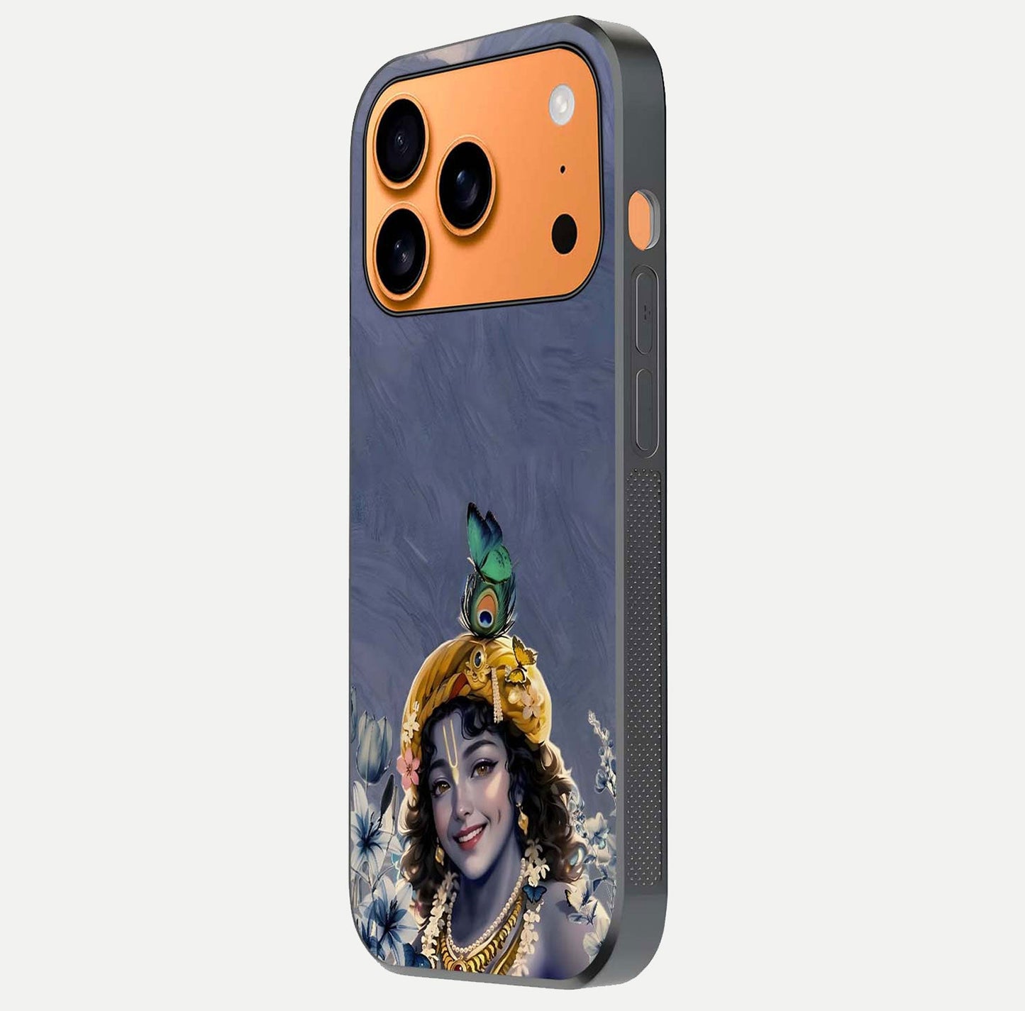 Lord Krishna Glass Case for iPhone 17 Pro Max side-angle image emphasizing premium reflection and sacred motif