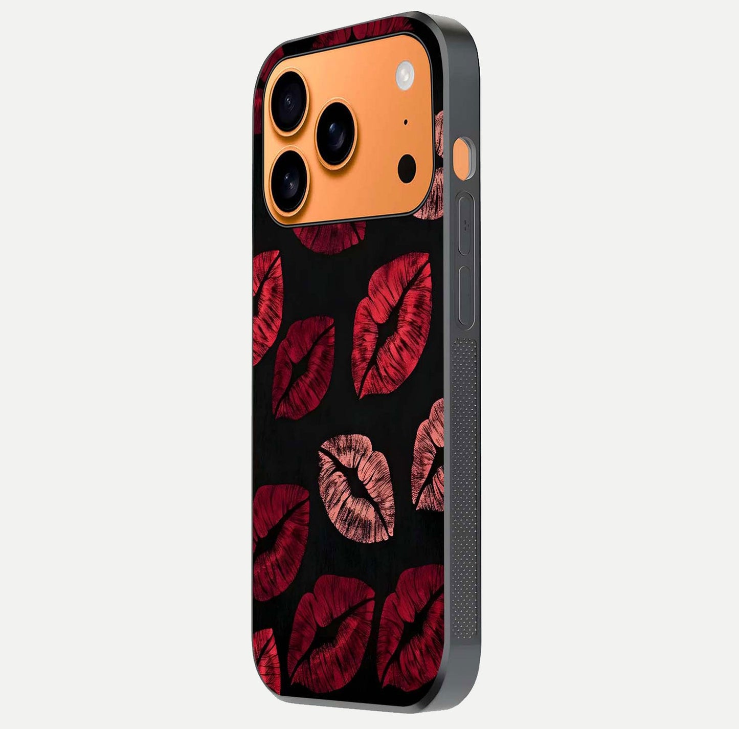 Midnight Kiss Love Glass Case for iPhone 17 Pro Max side-angle image revealing gloss texture and deep love motif