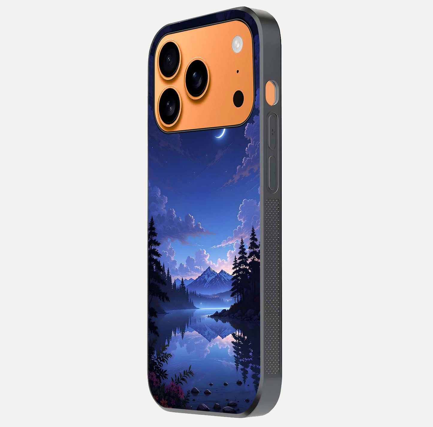 Midnight Lake Peace Glass Case for iPhone 17 Pro Max side-angle image showing HD shine and tranquil color tones