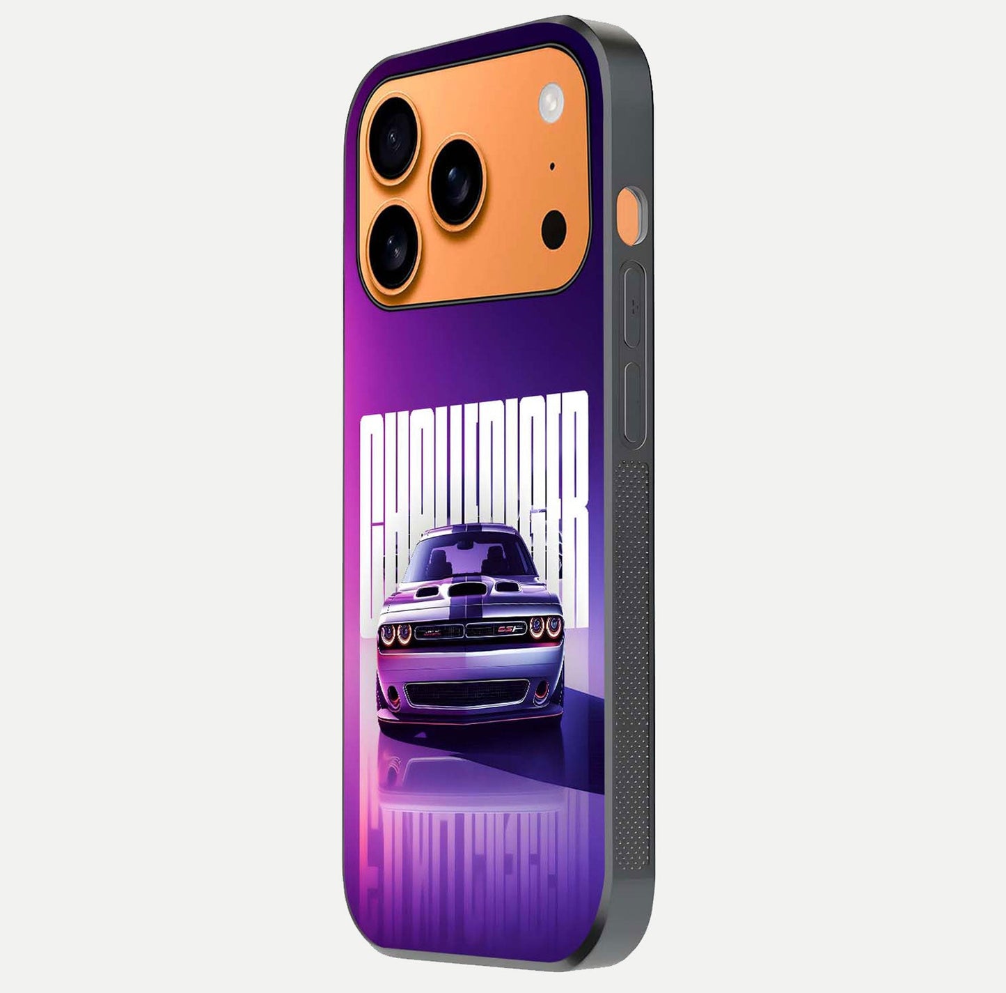 Midnight Muscle Ride Glass Case for iPhone 17 Pro Max side-angle image showing reflection clarity and bold design