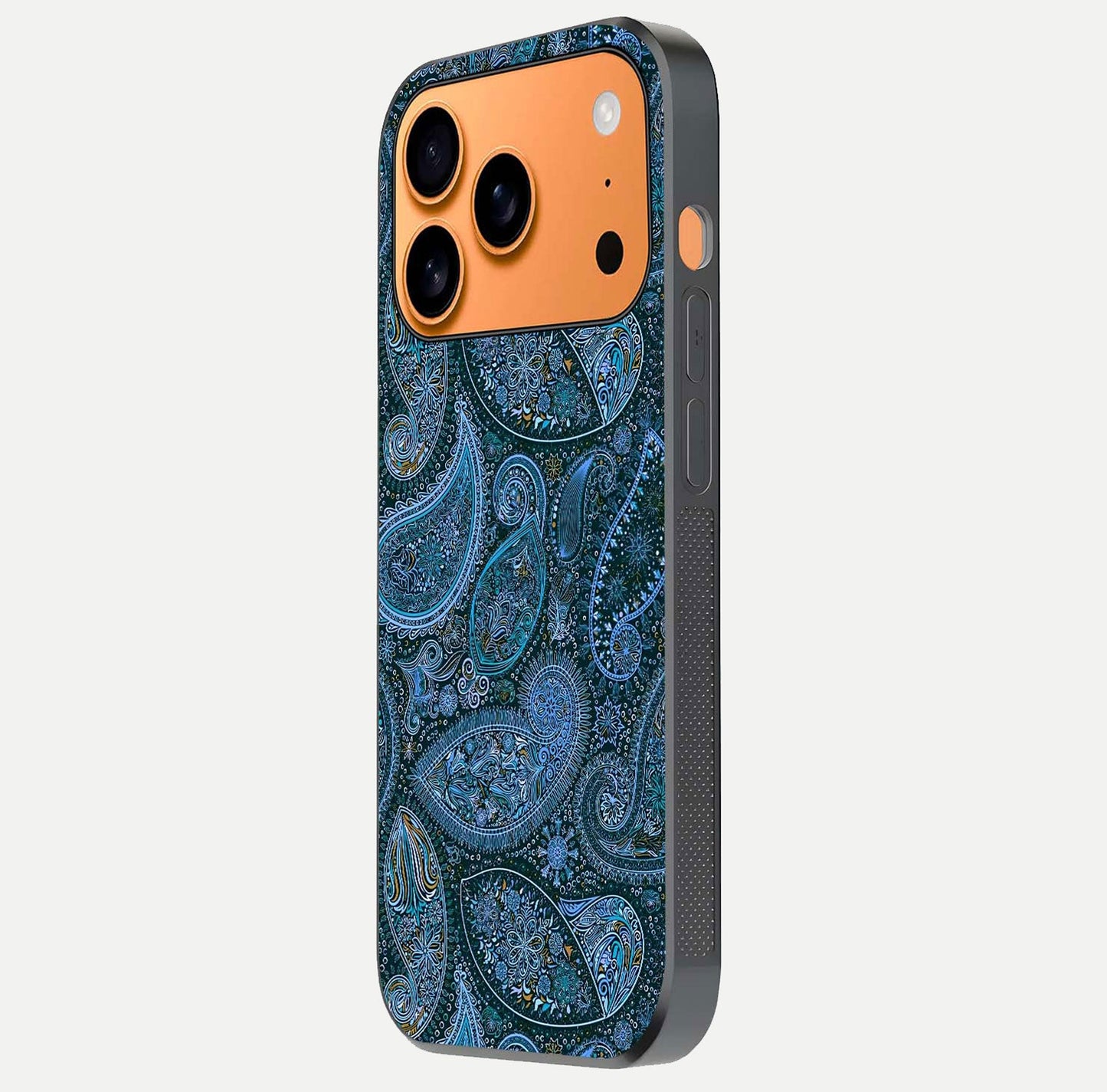 Midnight Paisley Glow Glass Case for iPhone 17 Pro Max side-angle image revealing reflective gloss and paisley art