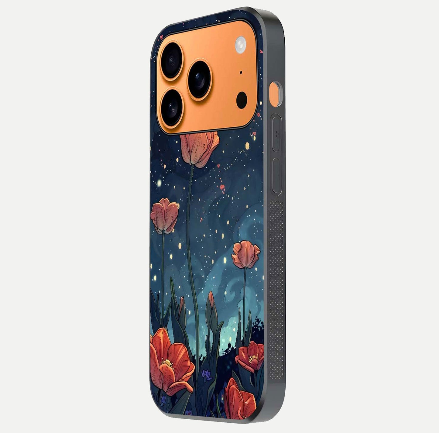 Midnight Tulip Glow Glass Case for iPhone 17 Pro Max side-angle image showing shine depth and flower artwork