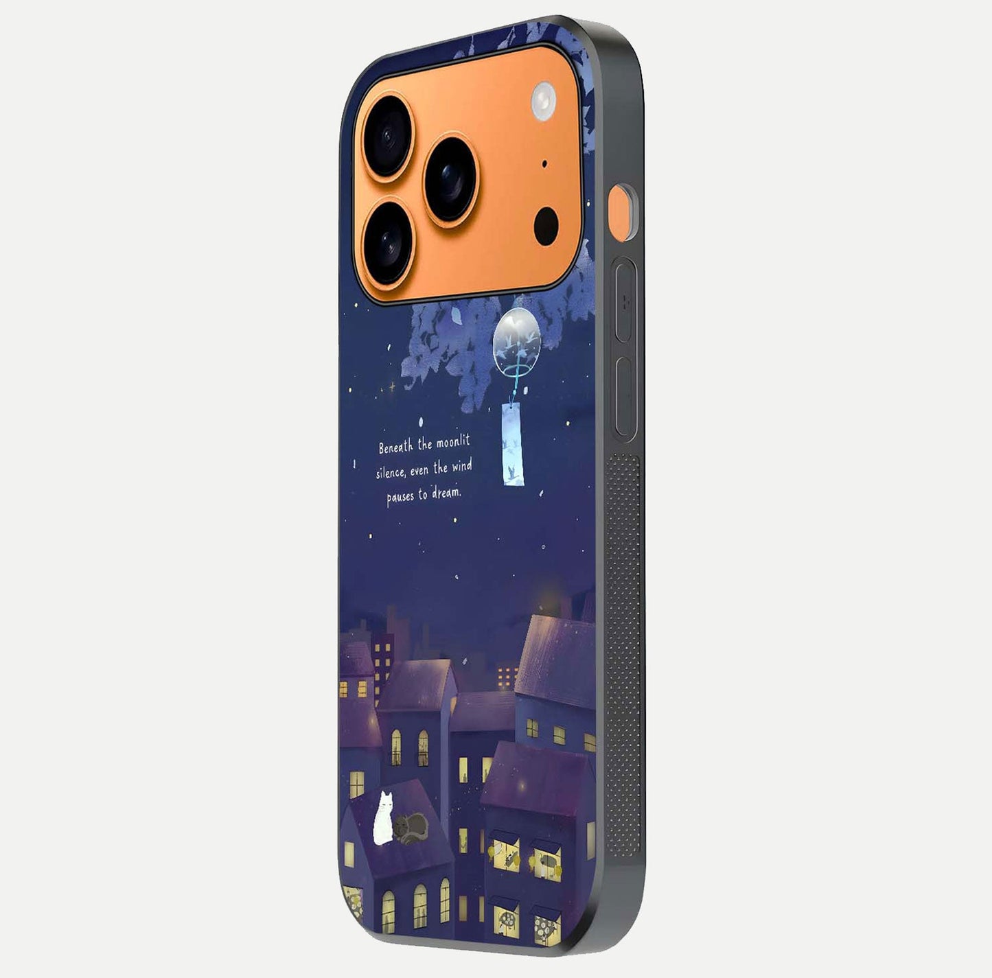 Moonlit Cat Silence Glass Case for iPhone 17 Pro Max side-angle image showing HD gloss and feline artwork detail