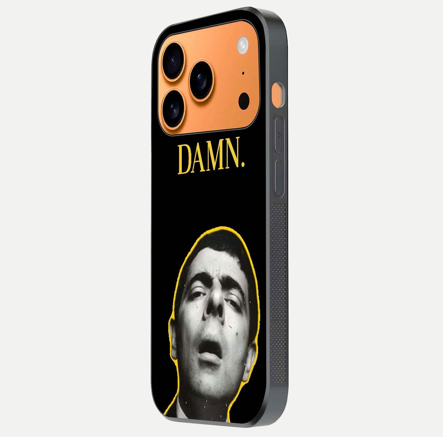 Mr Bean Damn Glass Case for iPhone 17 Pro Max side-angle image emphasizing HD print clarity and playful theme