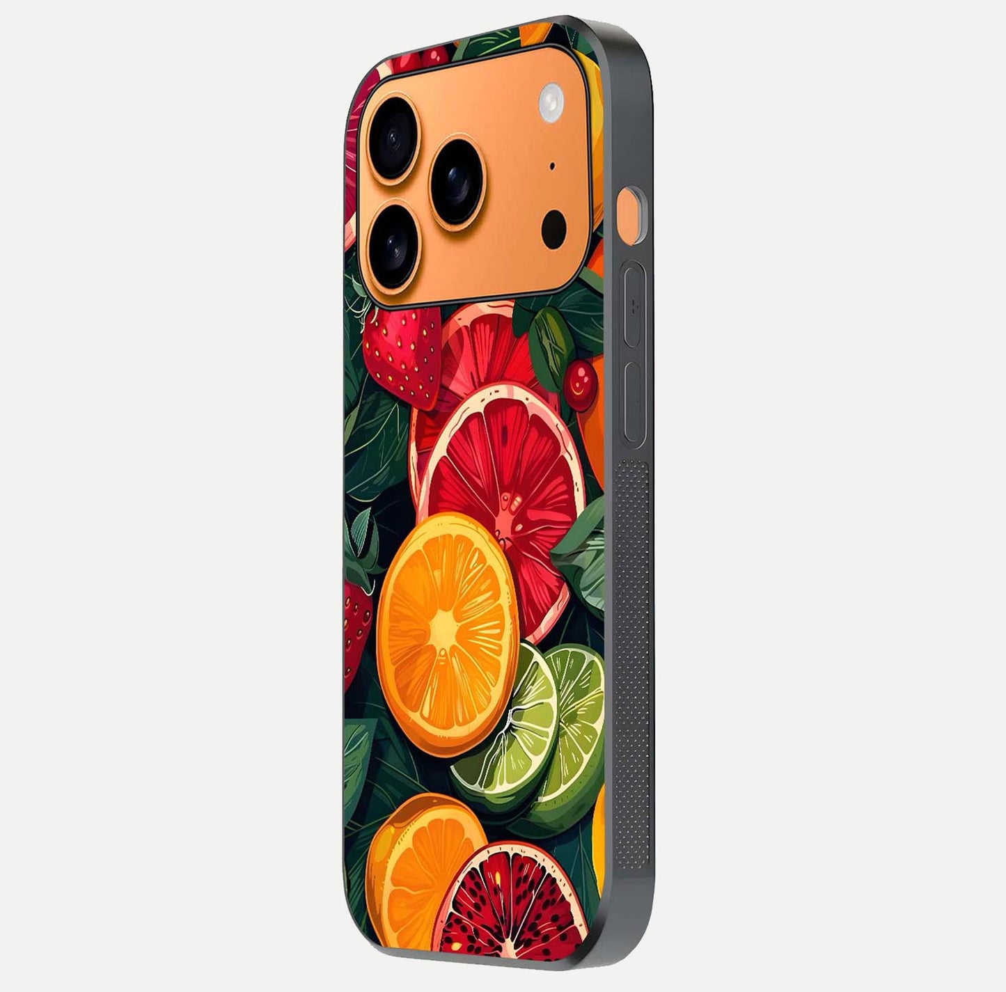 Multiple Fruits Glass Case for iPhone 17 Pro Max side-angle image showing glossy surface and vivid fruit pattern