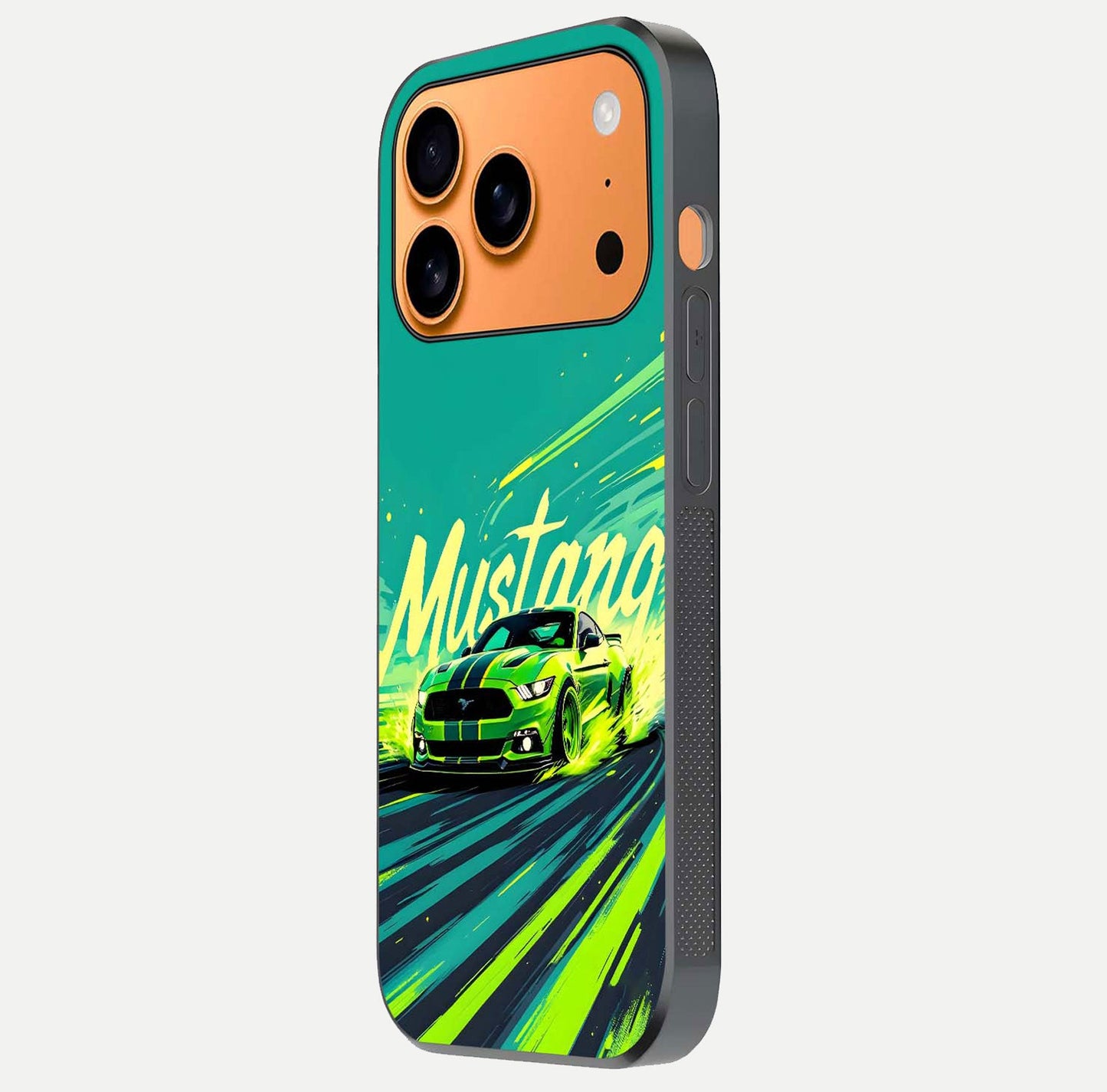 Mustang Bang Glass Case for iPhone 17 Pro Max side-angle image showing reflection clarity and bold car artwork