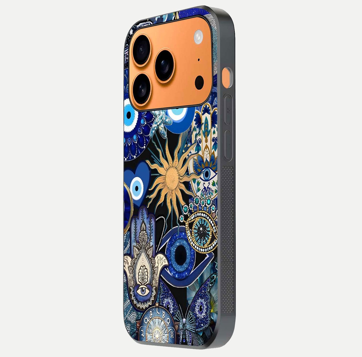 Mystic Blue Evil Eye Glass Case for iPhone 17 Pro Max side-angle image showing smooth gloss and charm design