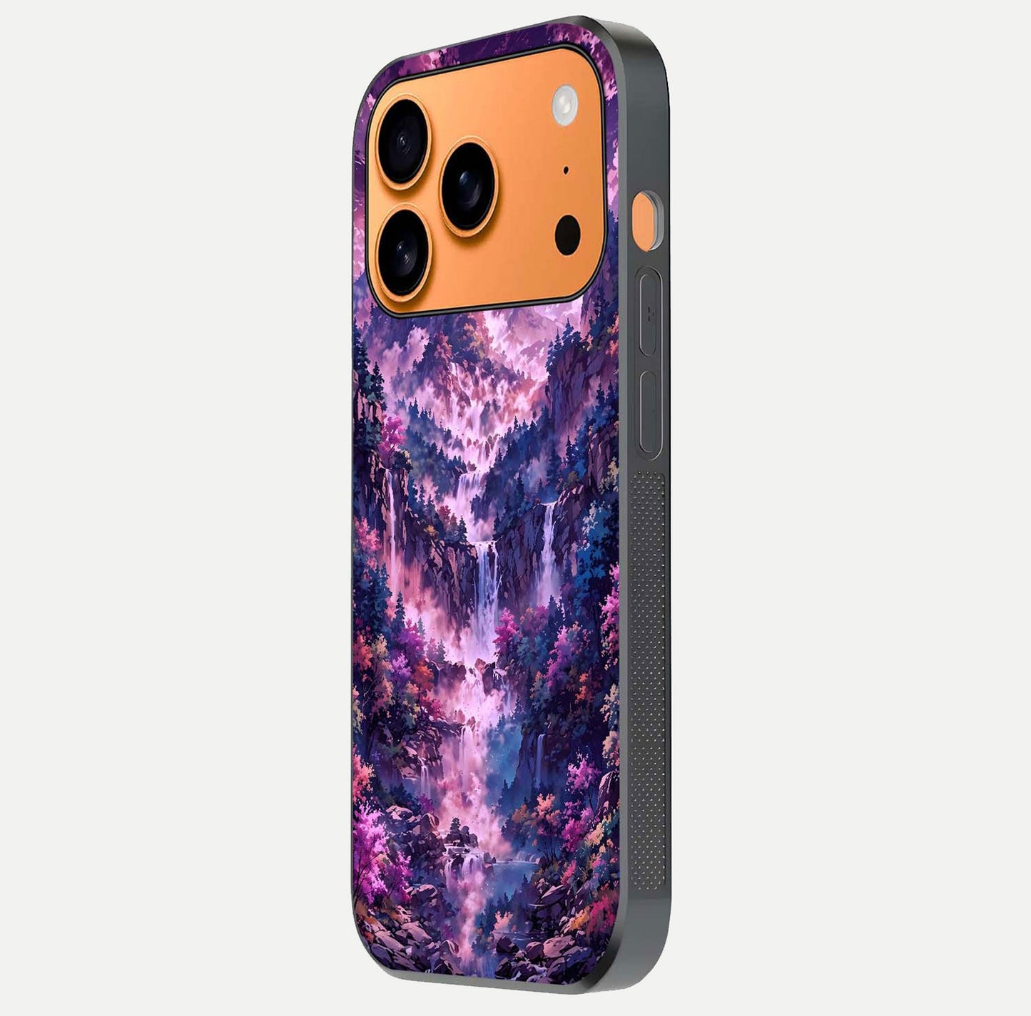 Mystic Cascade Peaks Glass Case for iPhone 17 Pro Max side-angle image showing reflection and scenic art clarity