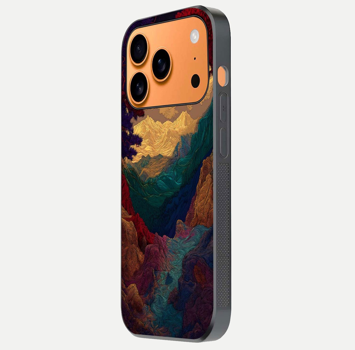 Mystic Valley Light Glass Case for iPhone 17 Pro Max side-angle image showing shine and peaceful hues